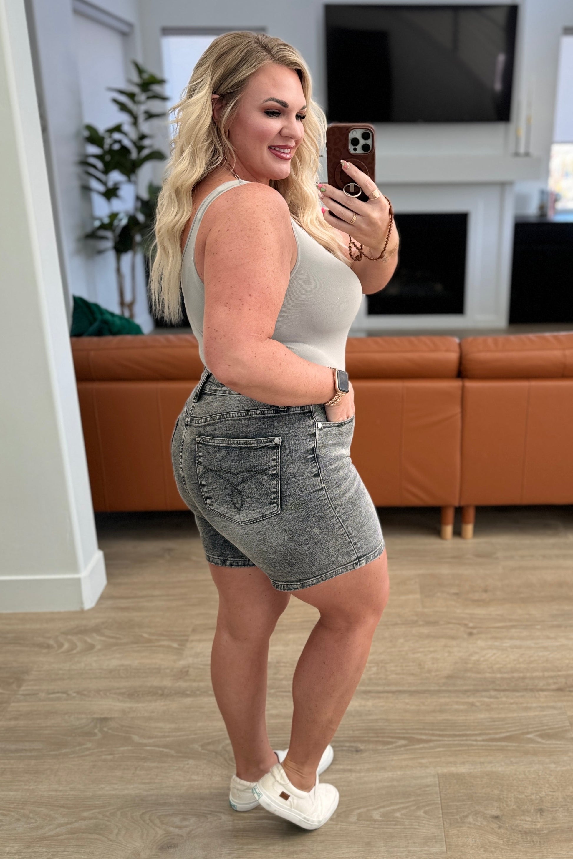 Greyson High Rise Button Fly Cuffed Shorts in Grey - Southern Divas Boutique
