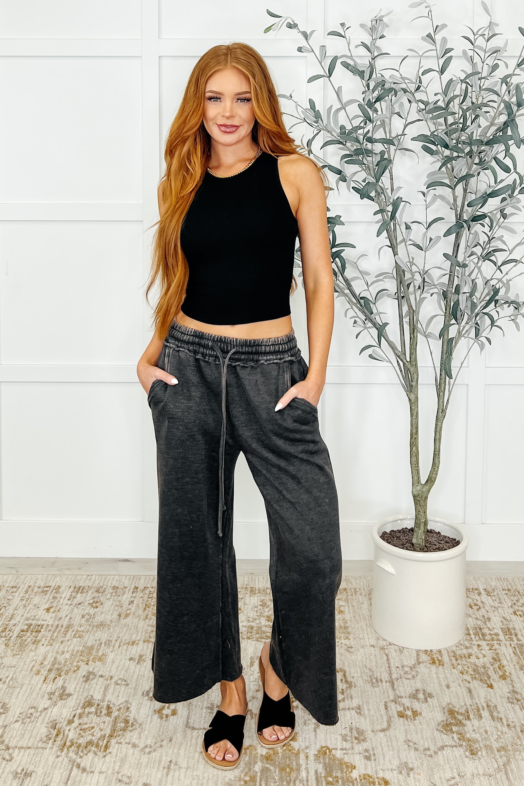 In or Out Wide Leg Cropped Pants Ash Black - Southern Divas Boutique