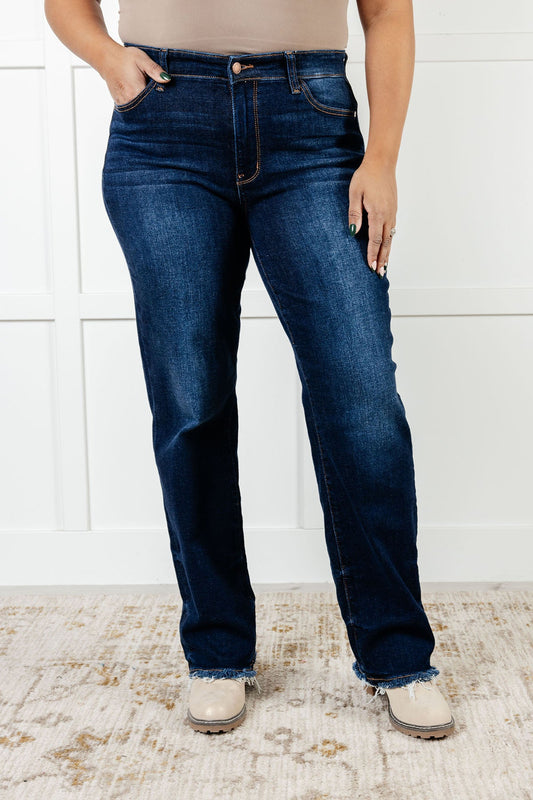 Jacqueline Mid Rise Frayed Hem Straight Leg Jean - Southern Divas Boutique