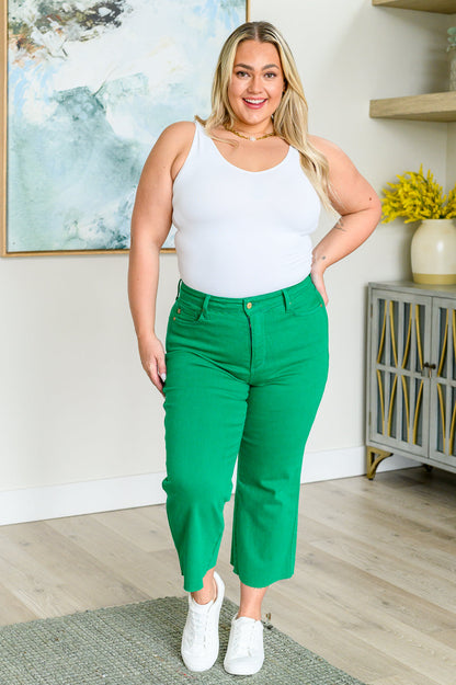 Lisa High Rise Control Top Wide Leg Crop Jeans in Kelly Green - Southern Divas Boutique