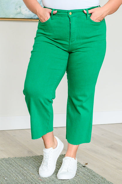Lisa High Rise Control Top Wide Leg Crop Jeans in Kelly Green - Southern Divas Boutique