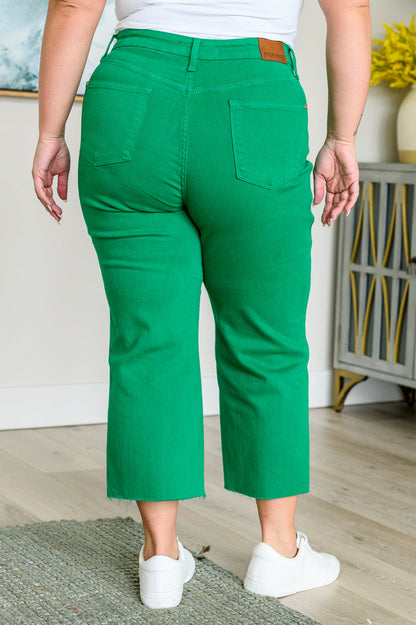 Lisa High Rise Control Top Wide Leg Crop Jeans in Kelly Green - Southern Divas Boutique