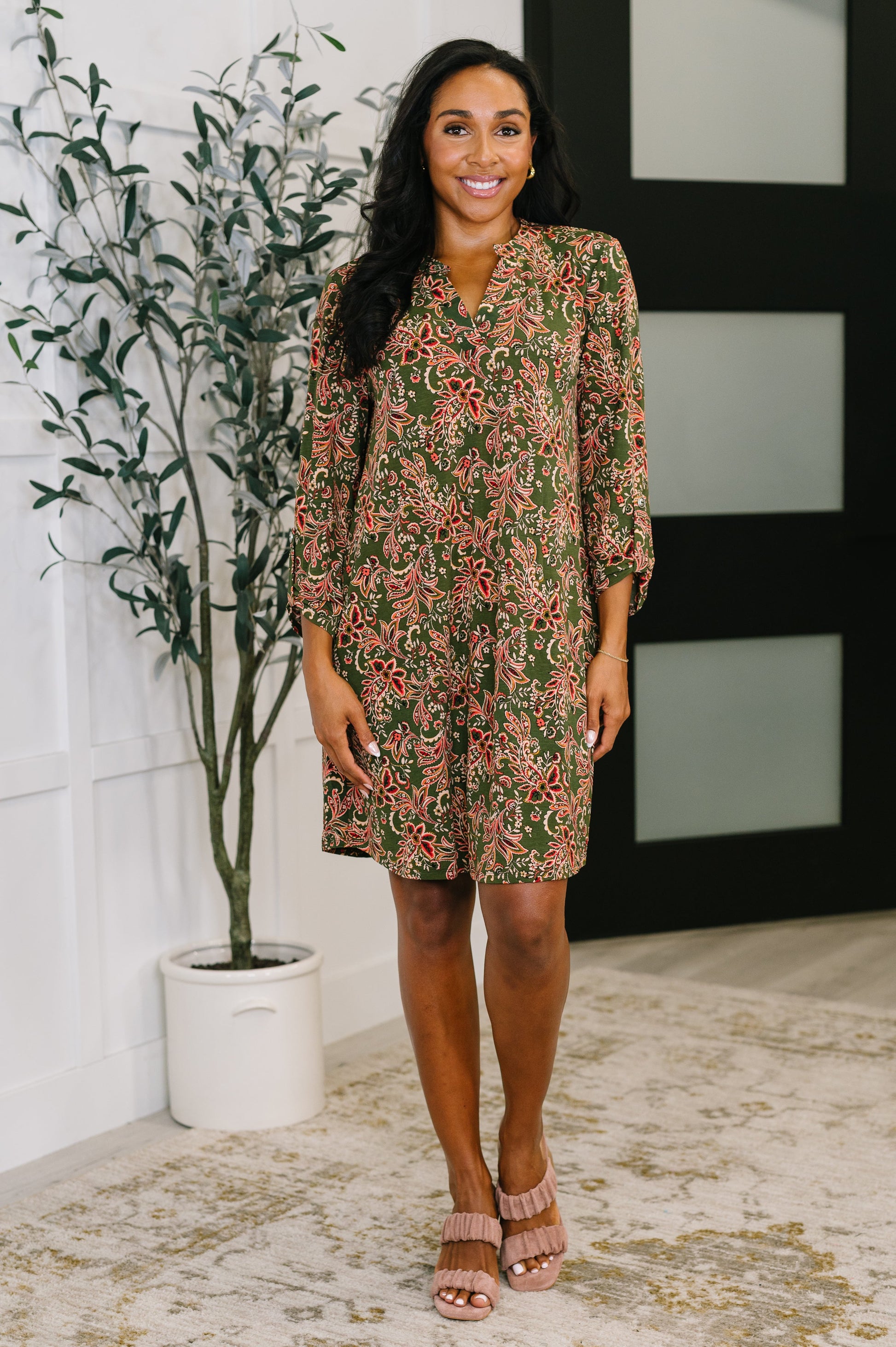 Lizzy Long Sleeve Dress in Olive Paisley - Southern Divas Boutique