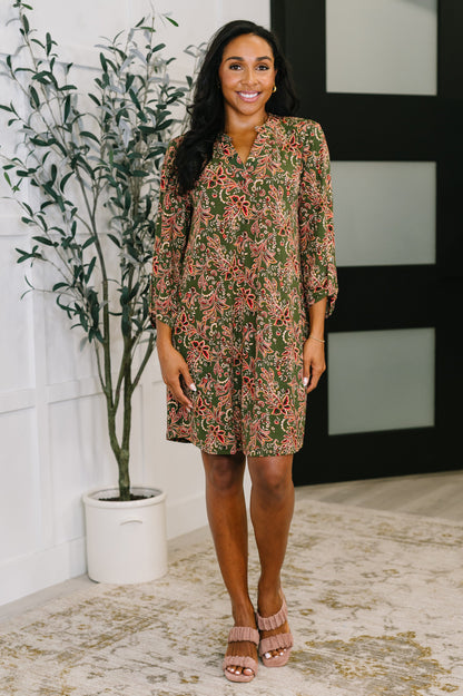 Lizzy Long Sleeve Dress in Olive Paisley - Southern Divas Boutique