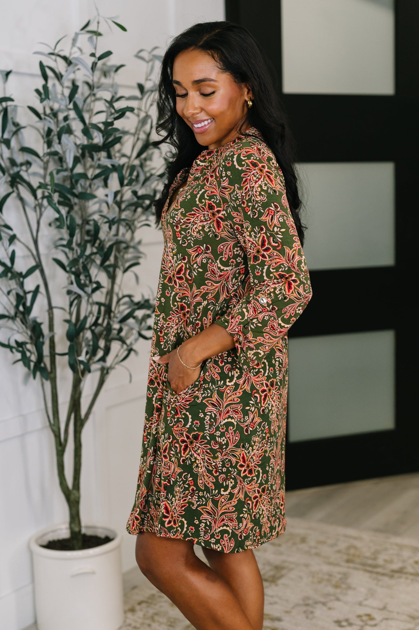 Lizzy Long Sleeve Dress in Olive Paisley - Southern Divas Boutique