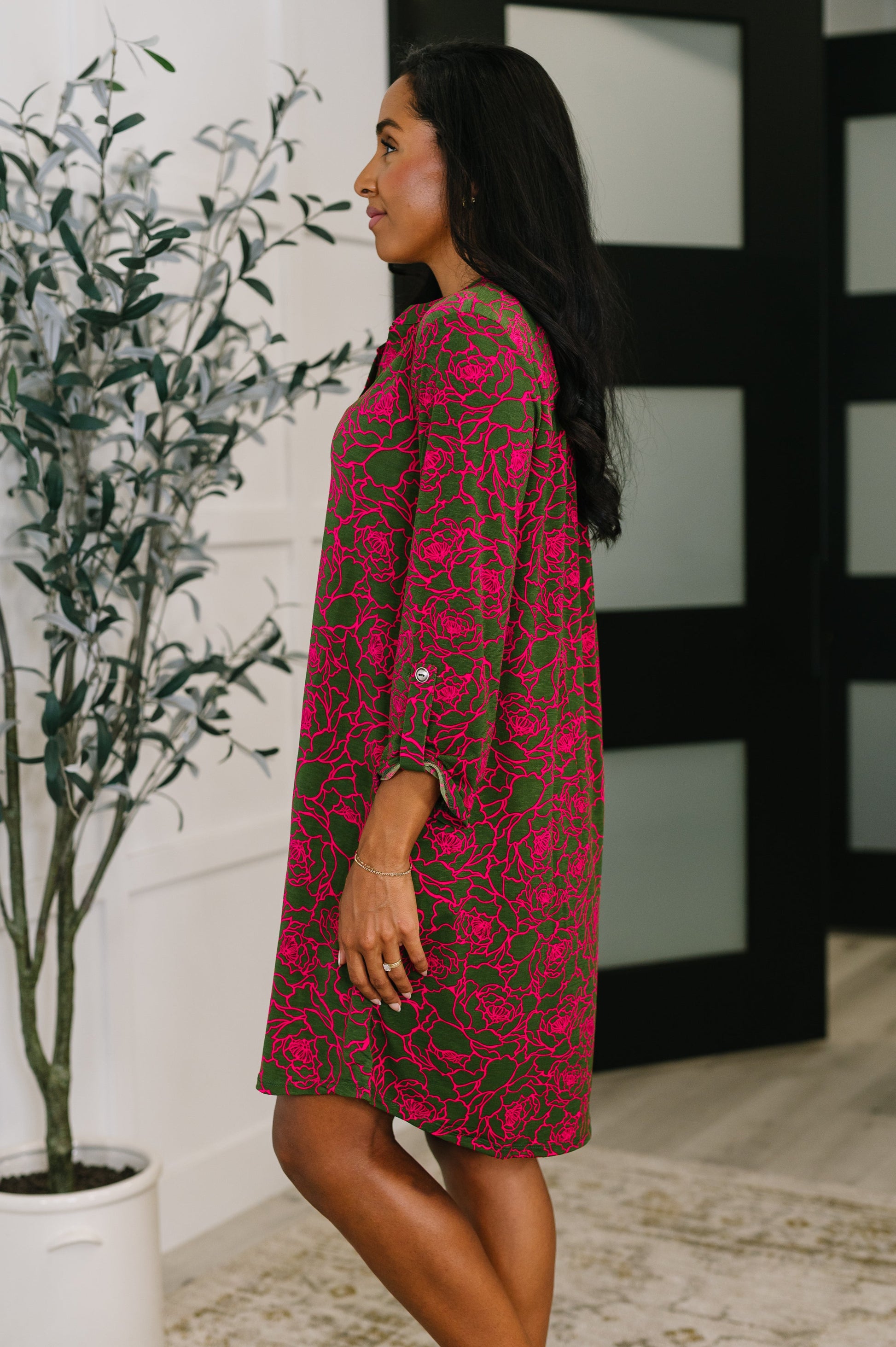 Lizzy Long Sleeve Dress in Pink and Olive Abstract Floral - Southern Divas Boutique