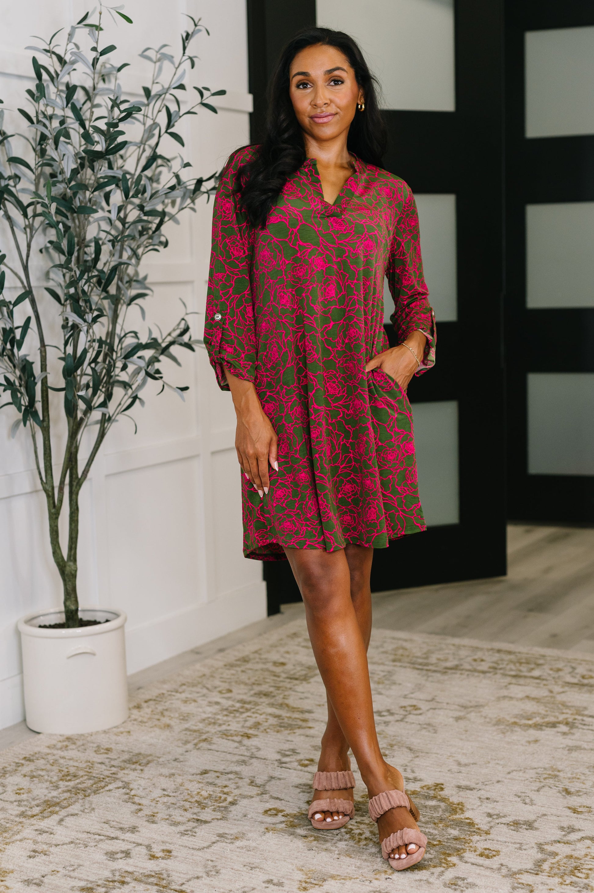 Lizzy Long Sleeve Dress in Pink and Olive Abstract Floral - Southern Divas Boutique