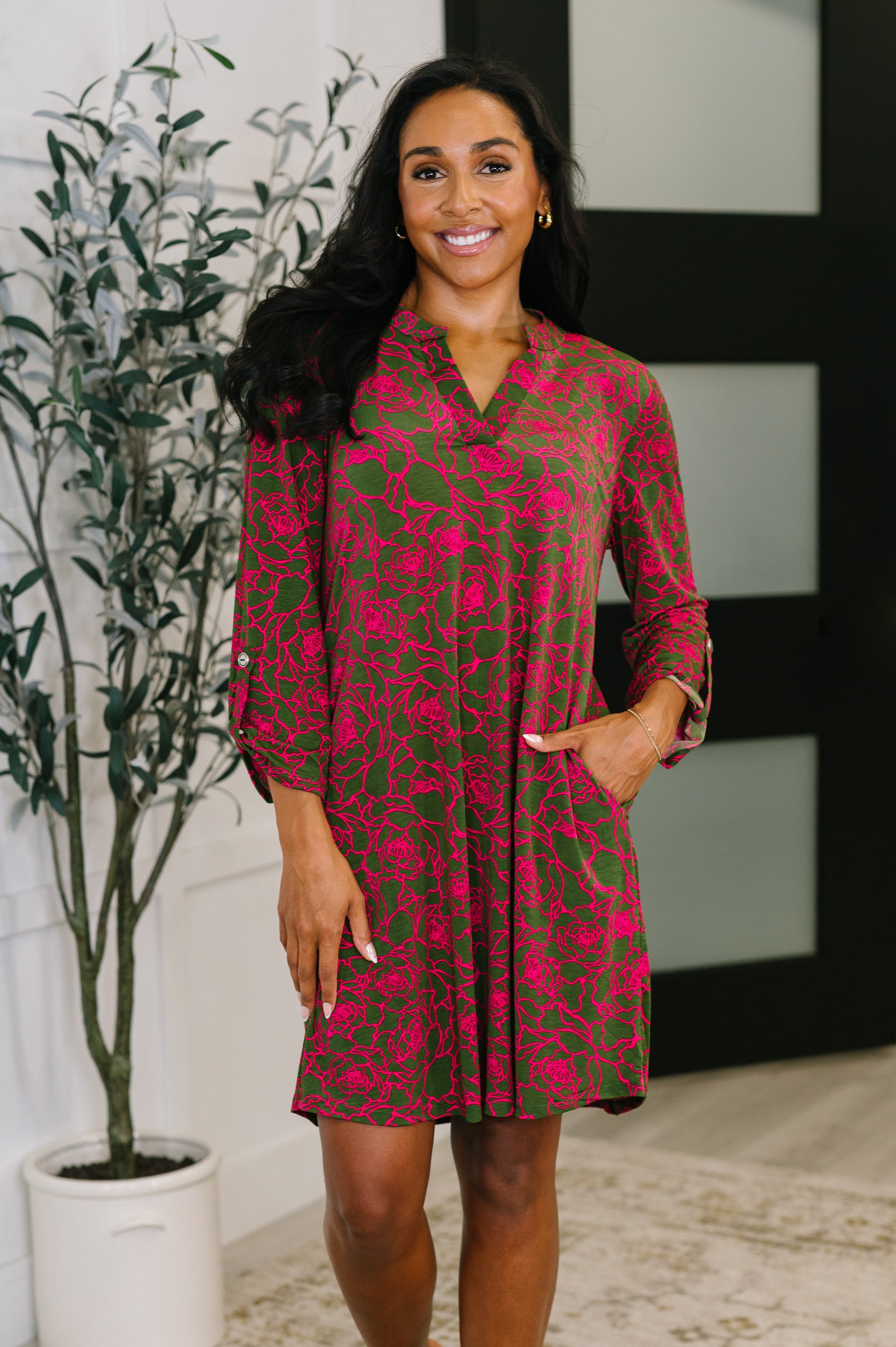 Lizzy Long Sleeve Dress in Pink and Olive Abstract Floral - Southern Divas Boutique