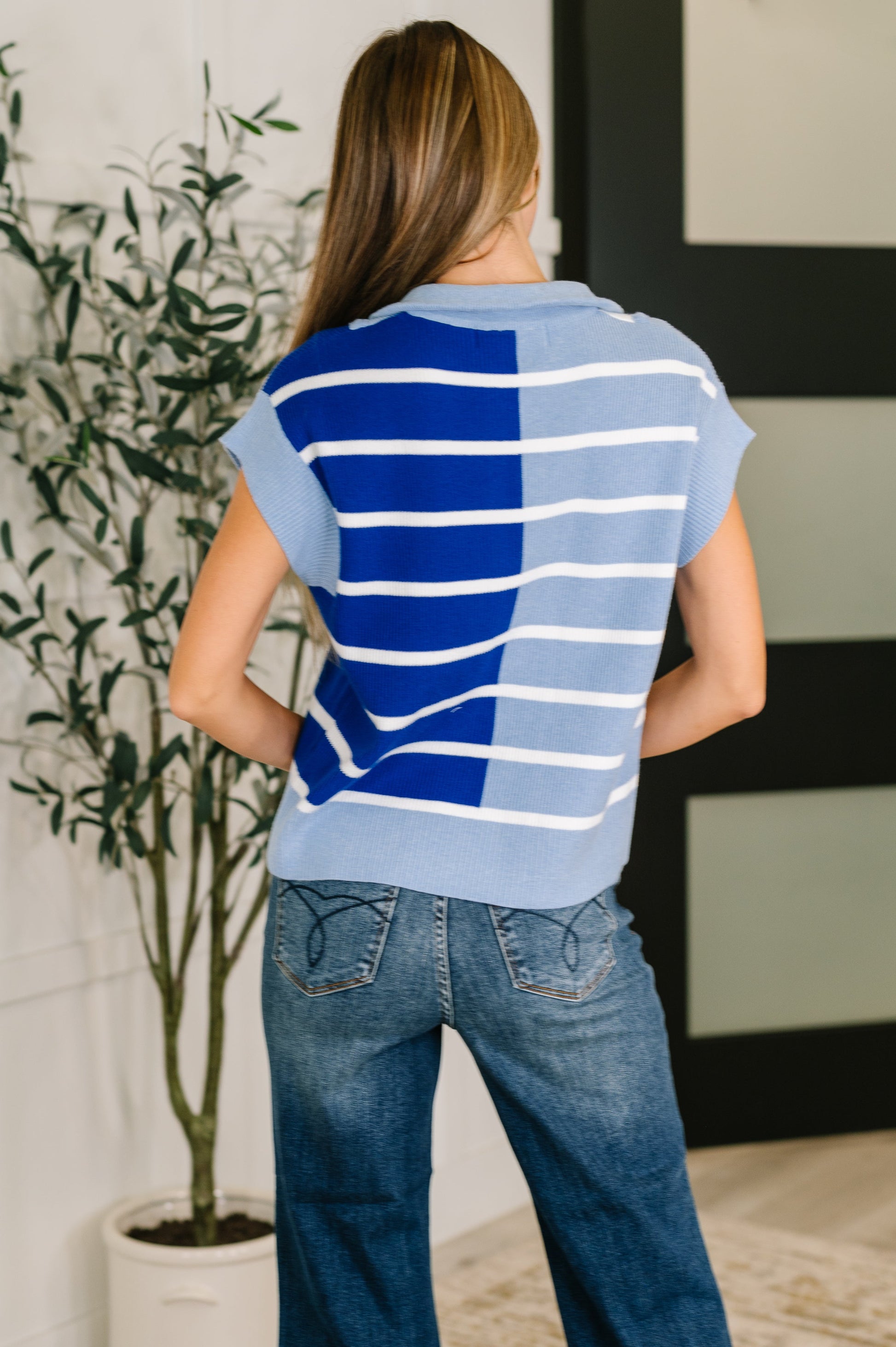 Lonely Traveler Striped Quarter Zip Vest in Blue - Southern Divas Boutique