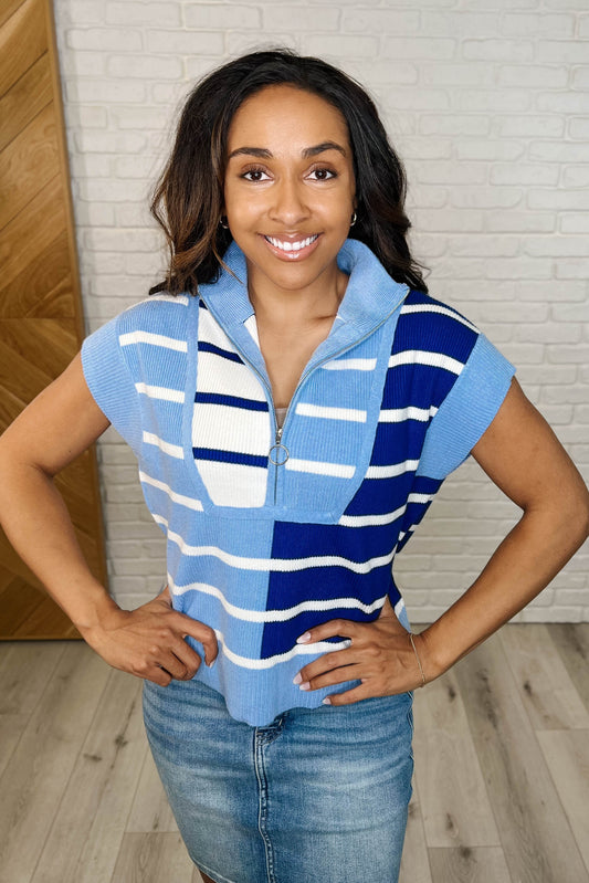 Lonely Traveler Striped Quarter Zip Vest in Blue - Southern Divas Boutique