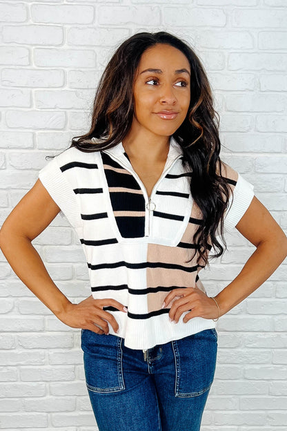 Lonely Traveler Striped Quarter Zip Vest in White - Southern Divas Boutique