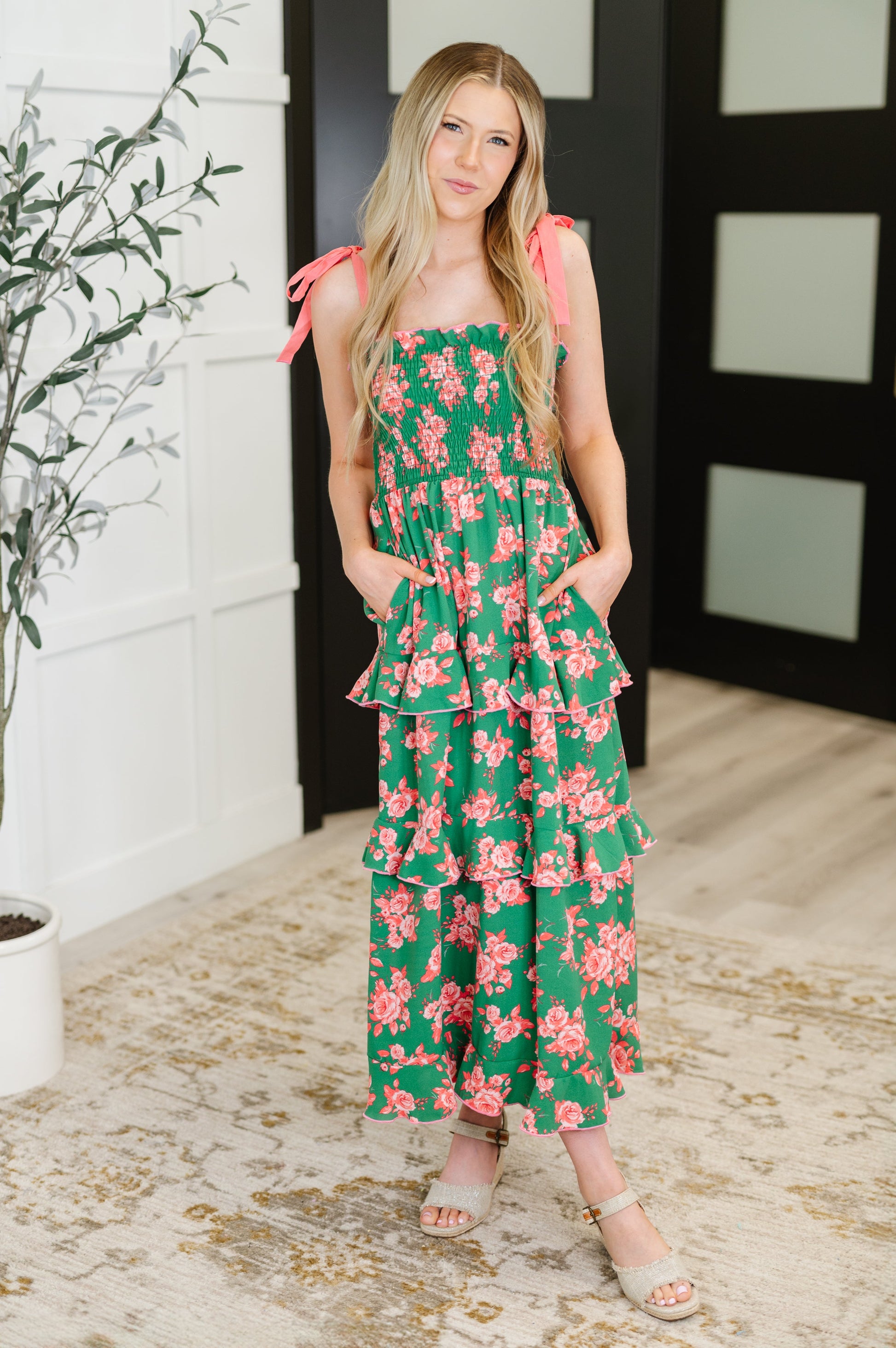 Low Effort, High Impact Tiered Dress in Green/Coral - Southern Divas Boutique