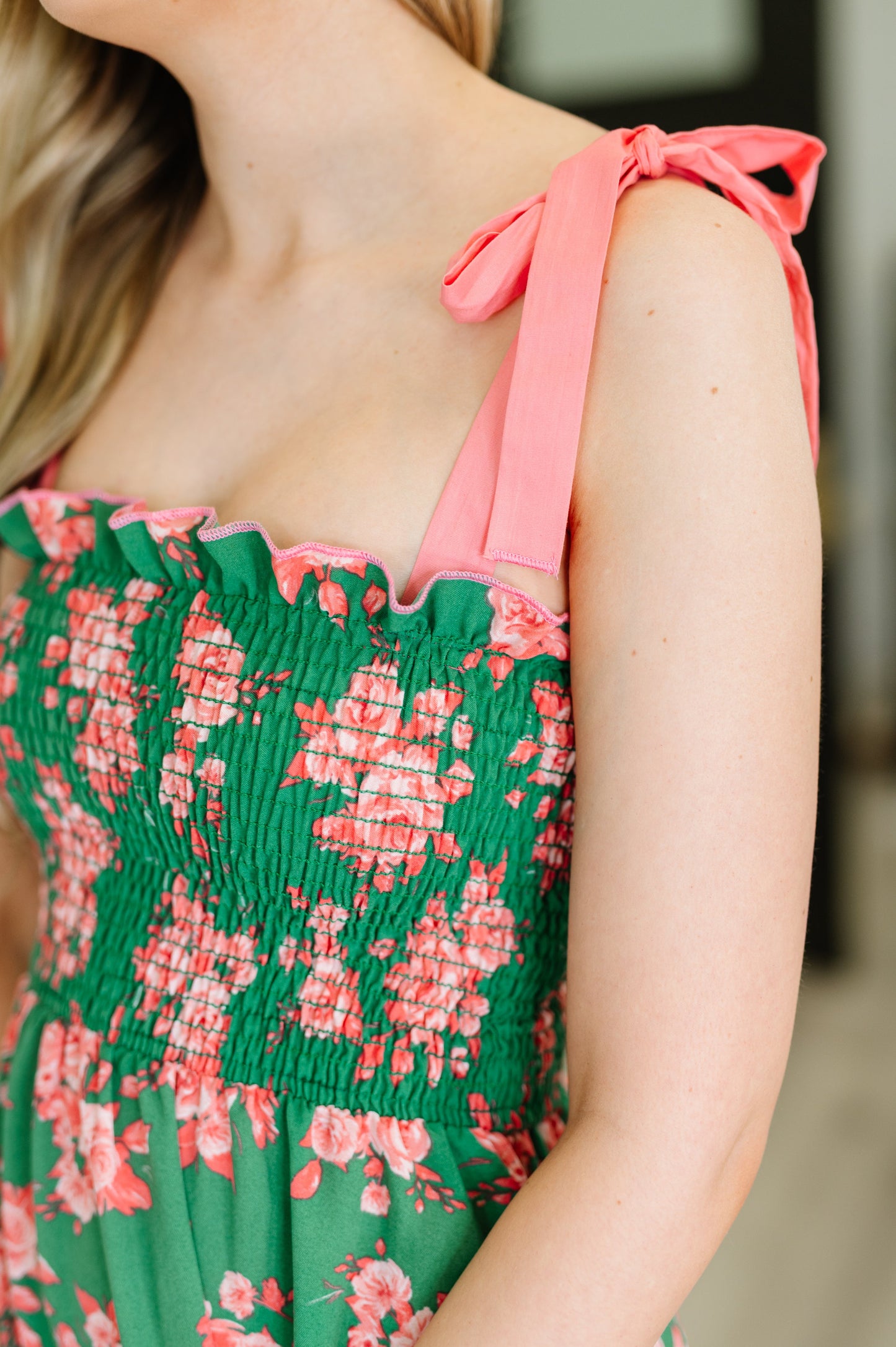 Low Effort, High Impact Tiered Dress in Green/Coral - Southern Divas Boutique