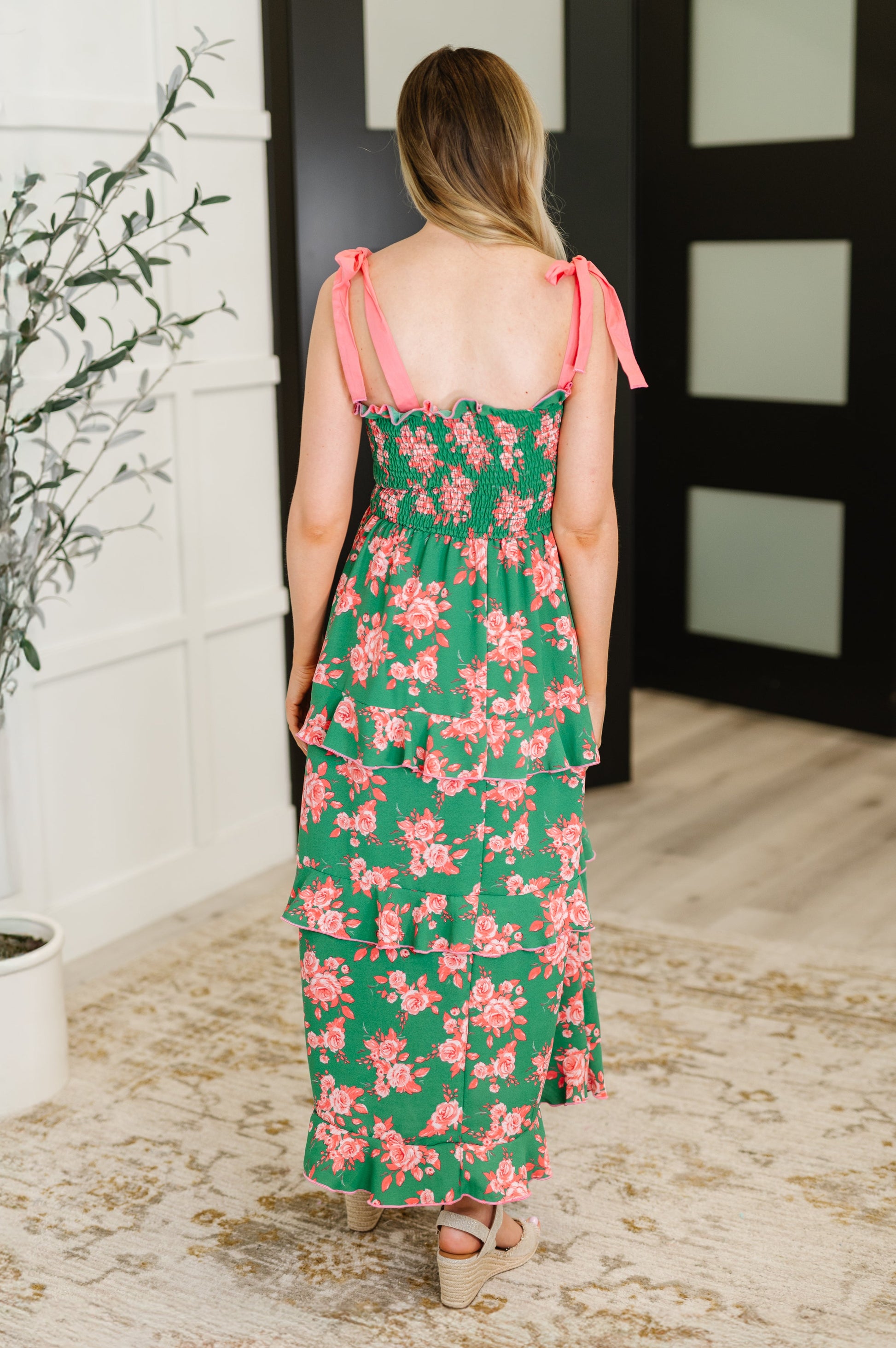 Low Effort, High Impact Tiered Dress in Green/Coral - Southern Divas Boutique