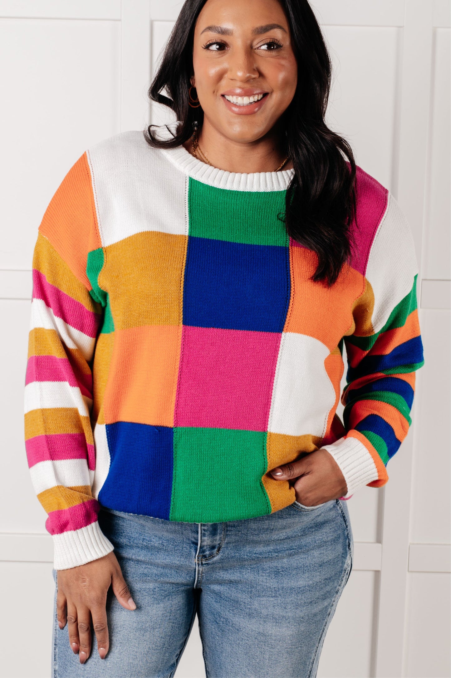 Manifesting Moment Checkered Color Block Sweater - Southern Divas Boutique