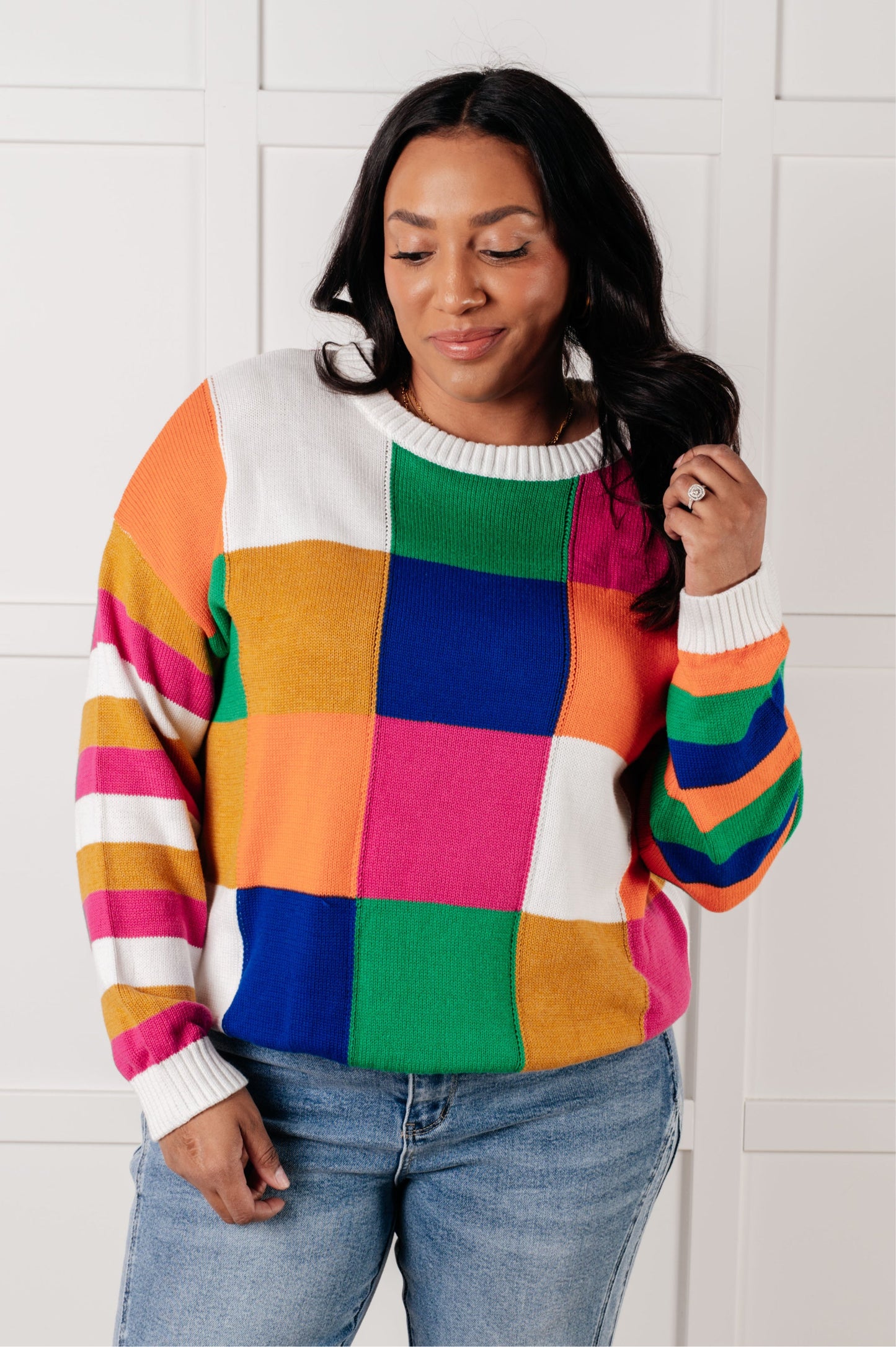 Manifesting Moment Checkered Color Block Sweater - Southern Divas Boutique