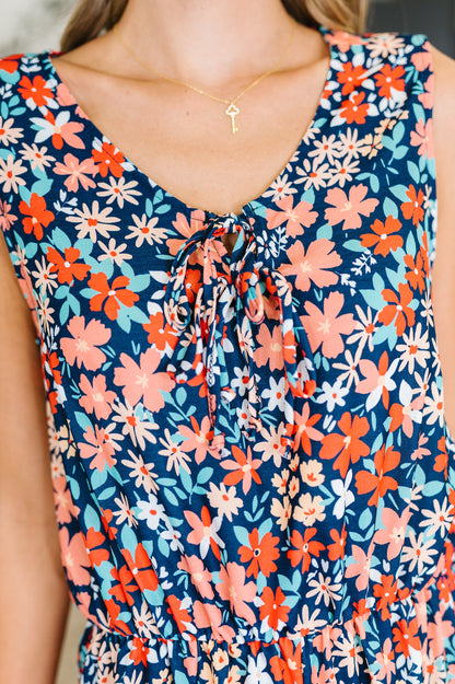 Meadow Mischief Sleeveless Dress in Navy/Orange/Teal - Southern Divas Boutique