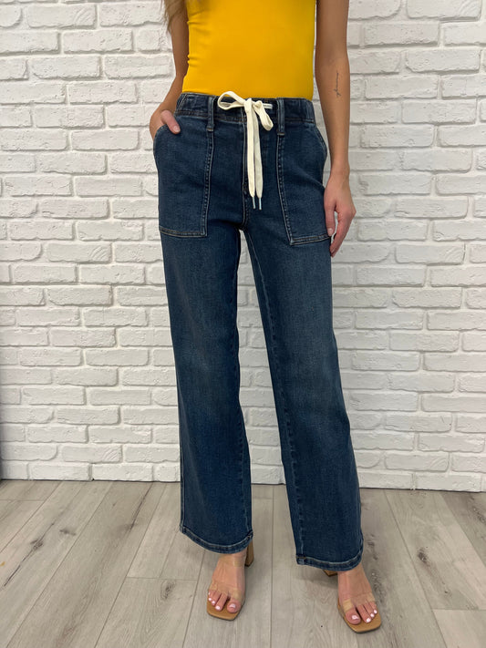Melanie High Rise Drawstring Wide Leg Jeans - Southern Divas Boutique