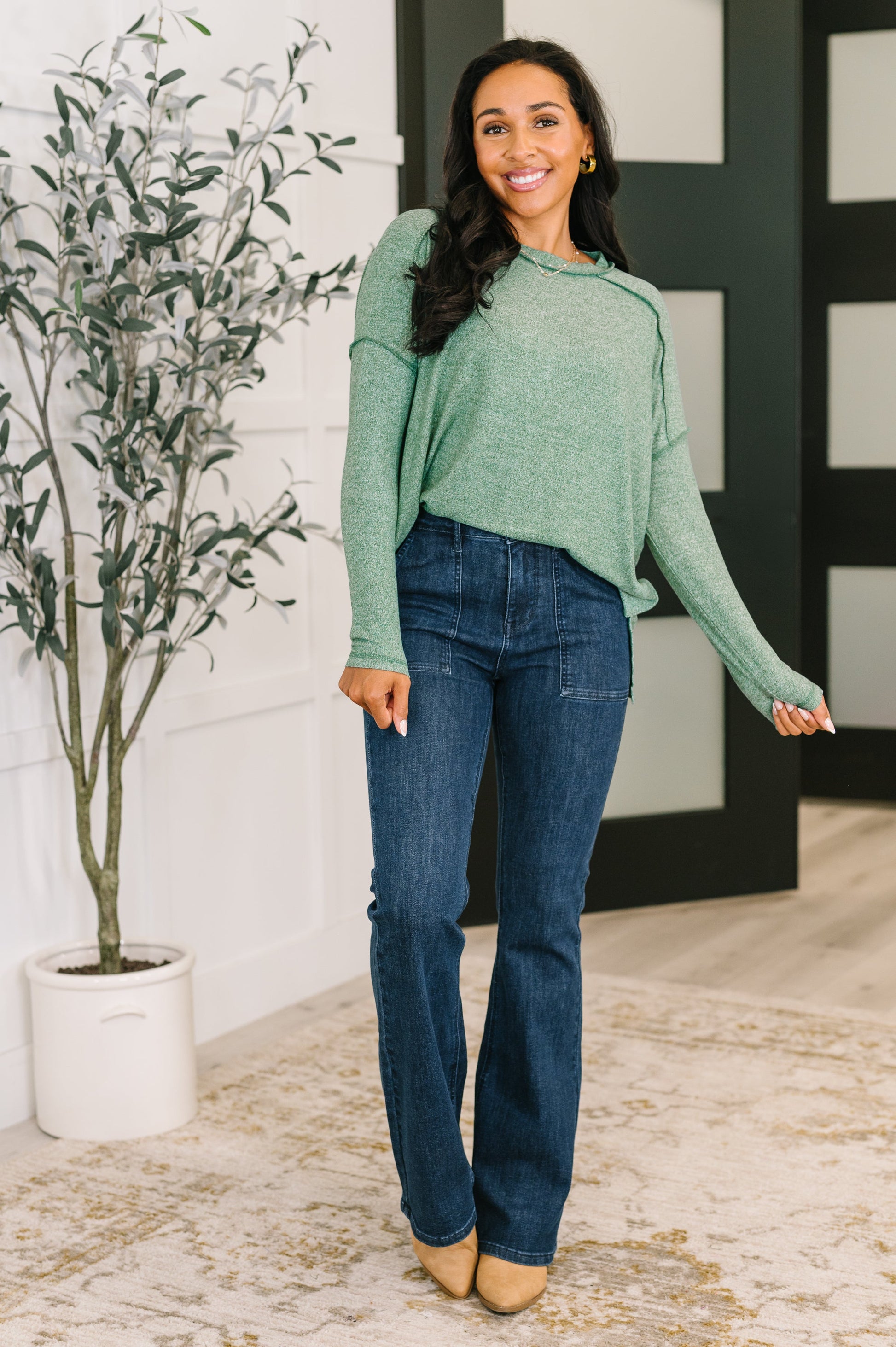 Mellow Mood Heathered Pullover in Dark Green - Southern Divas Boutique