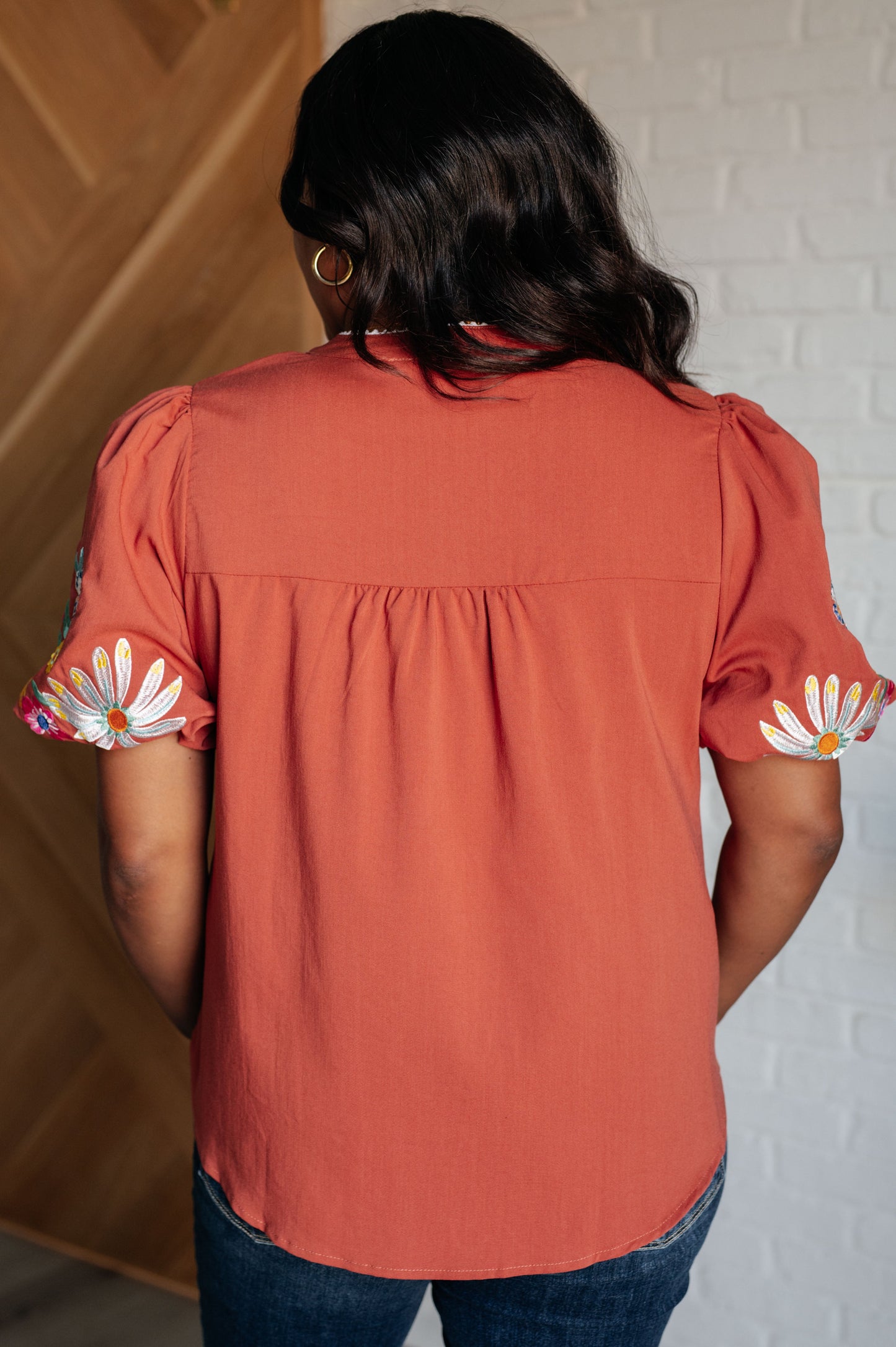 No Concerns Embroidered Sleeve Blouse - Southern Divas Boutique