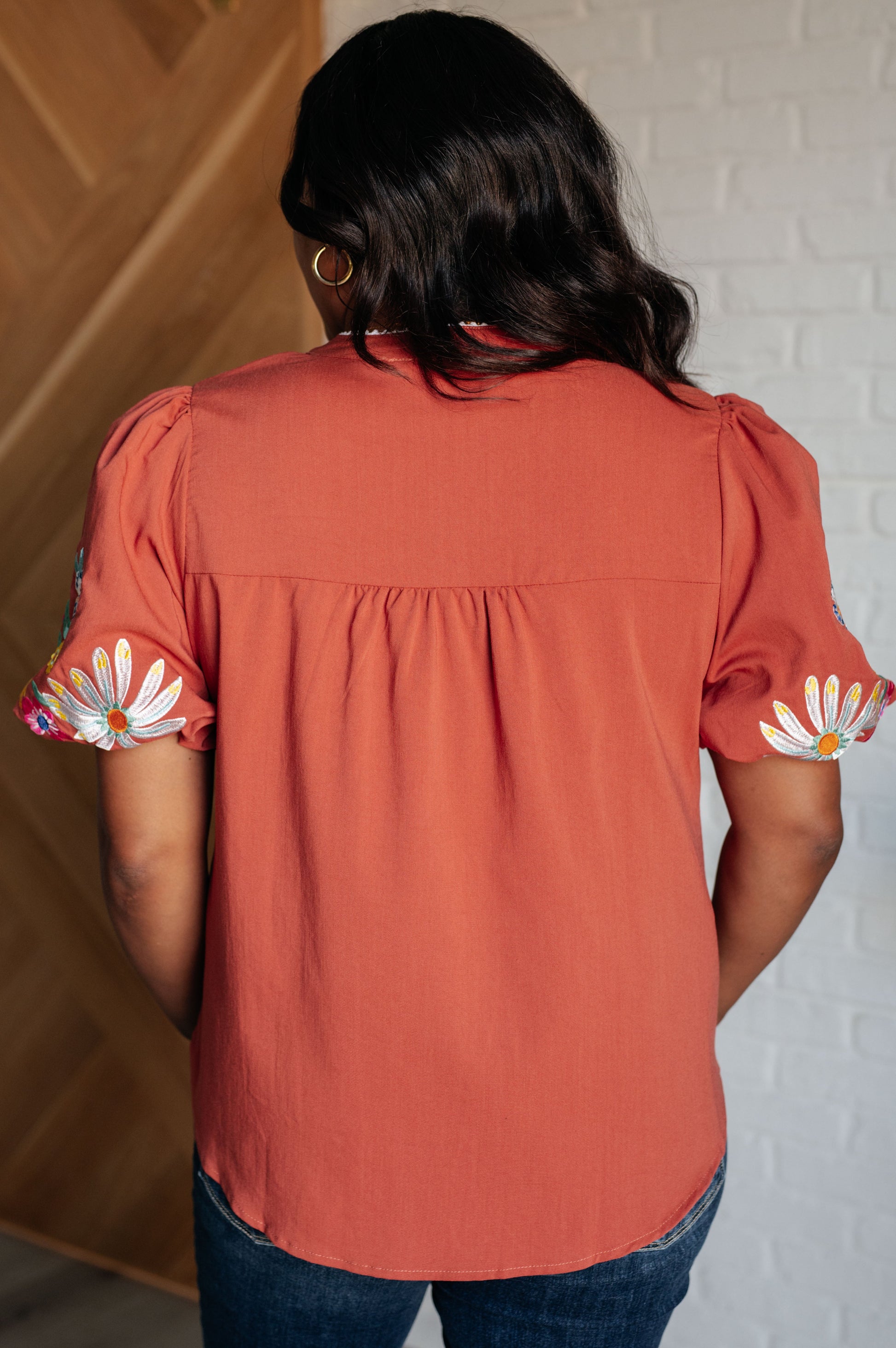 No Concerns Embroidered Sleeve Blouse - Southern Divas Boutique