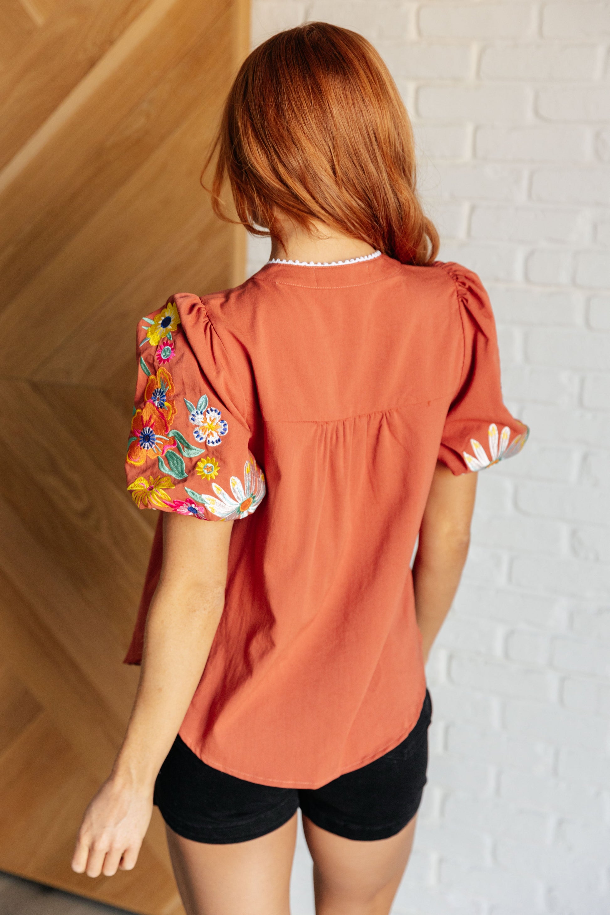 No Concerns Embroidered Sleeve Blouse - Southern Divas Boutique