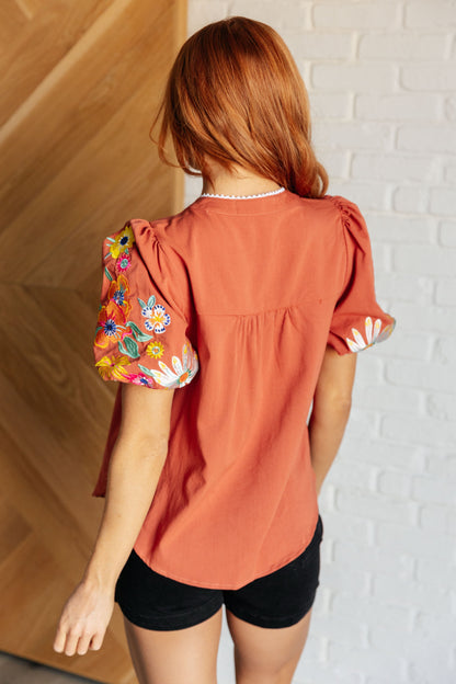 No Concerns Embroidered Sleeve Blouse - Southern Divas Boutique