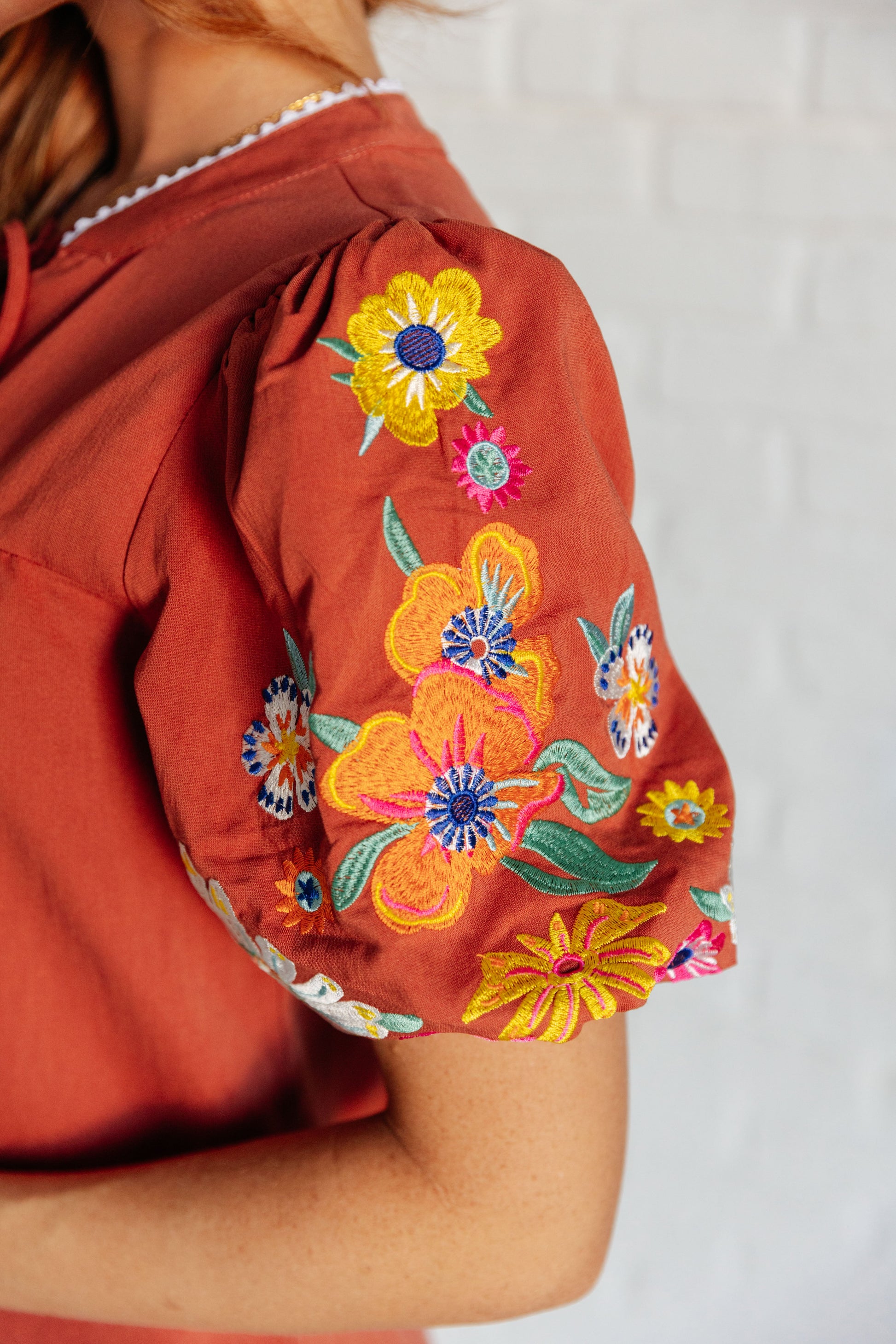 No Concerns Embroidered Sleeve Blouse - Southern Divas Boutique