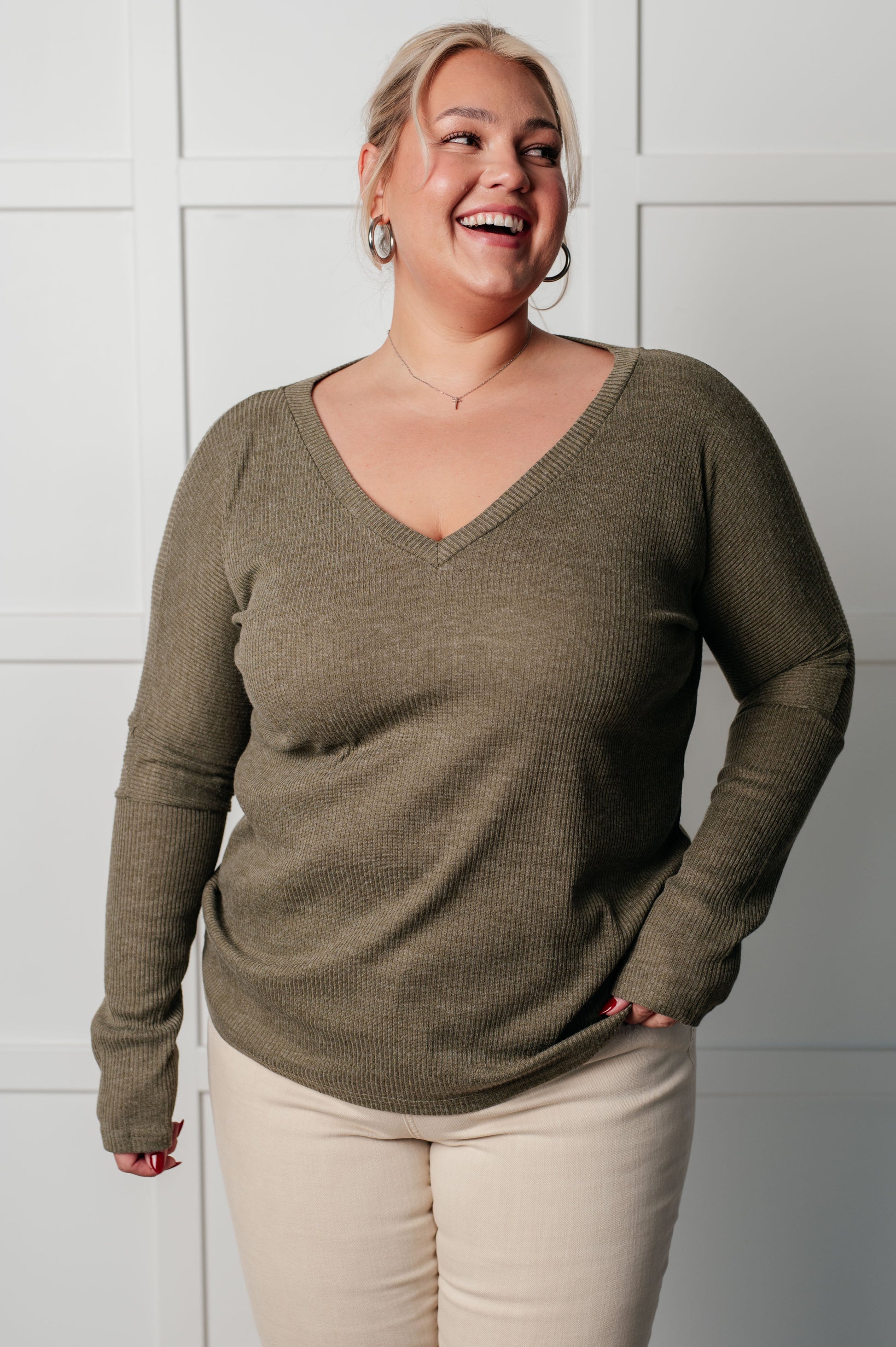 On a Roll Ribbed Knit V Neck Long Sleeve Top - Southern Divas Boutique