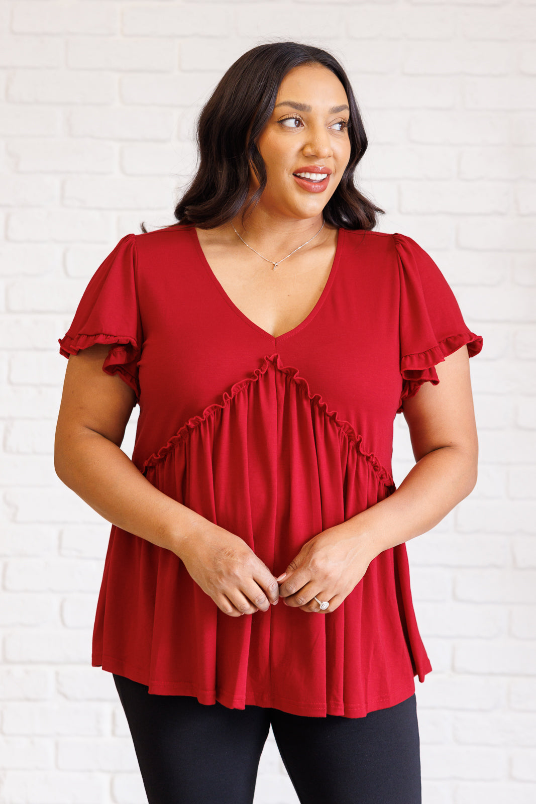 One Day Soon V-Neck Ruffle Detail Top - Southern Divas Boutique