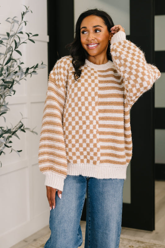 Pattern Play Oversized Pullover in Taupe - Southern Divas Boutique