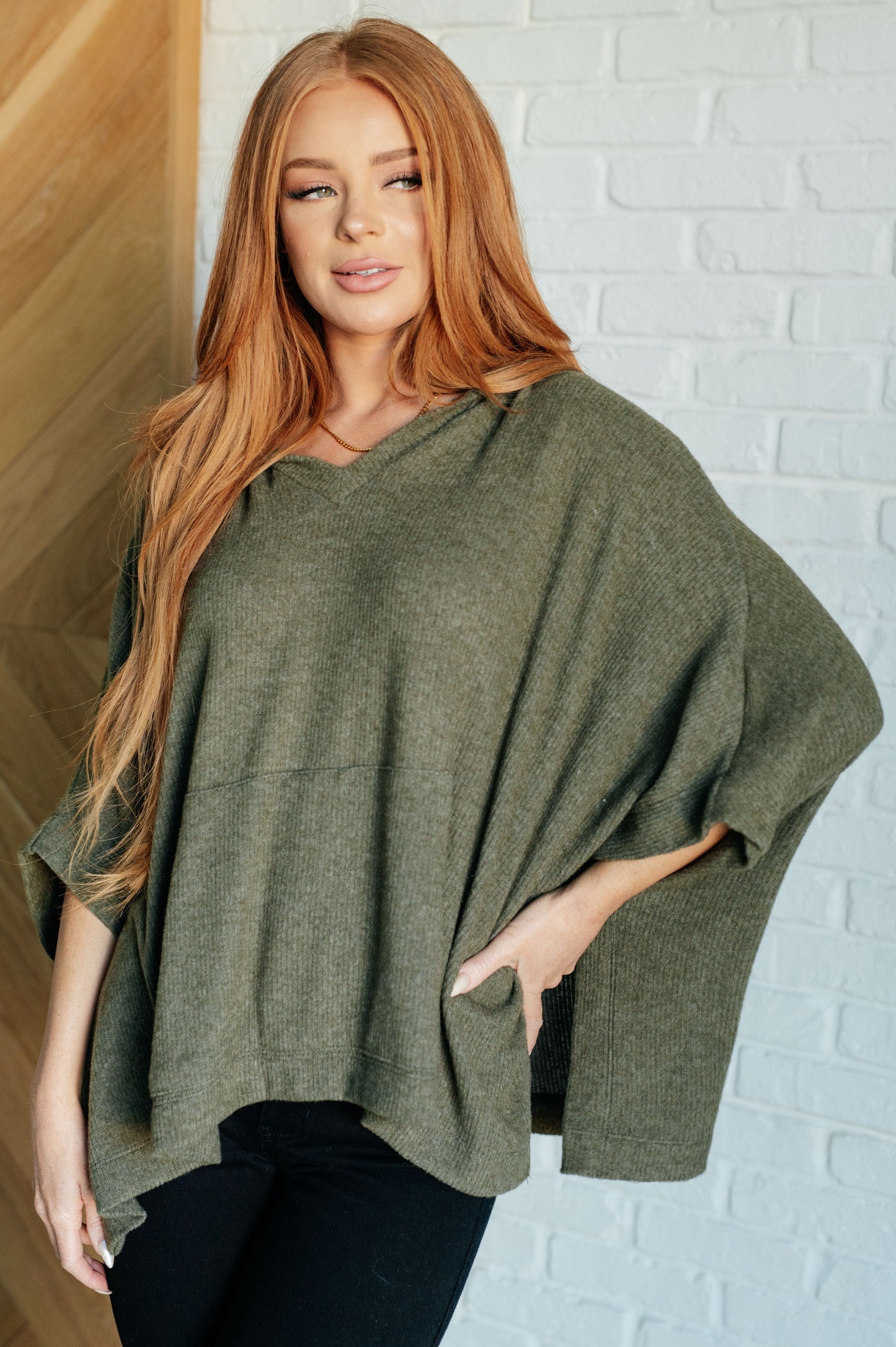 Perfectly Poised Hooded Poncho in Olive - Southern Divas Boutique