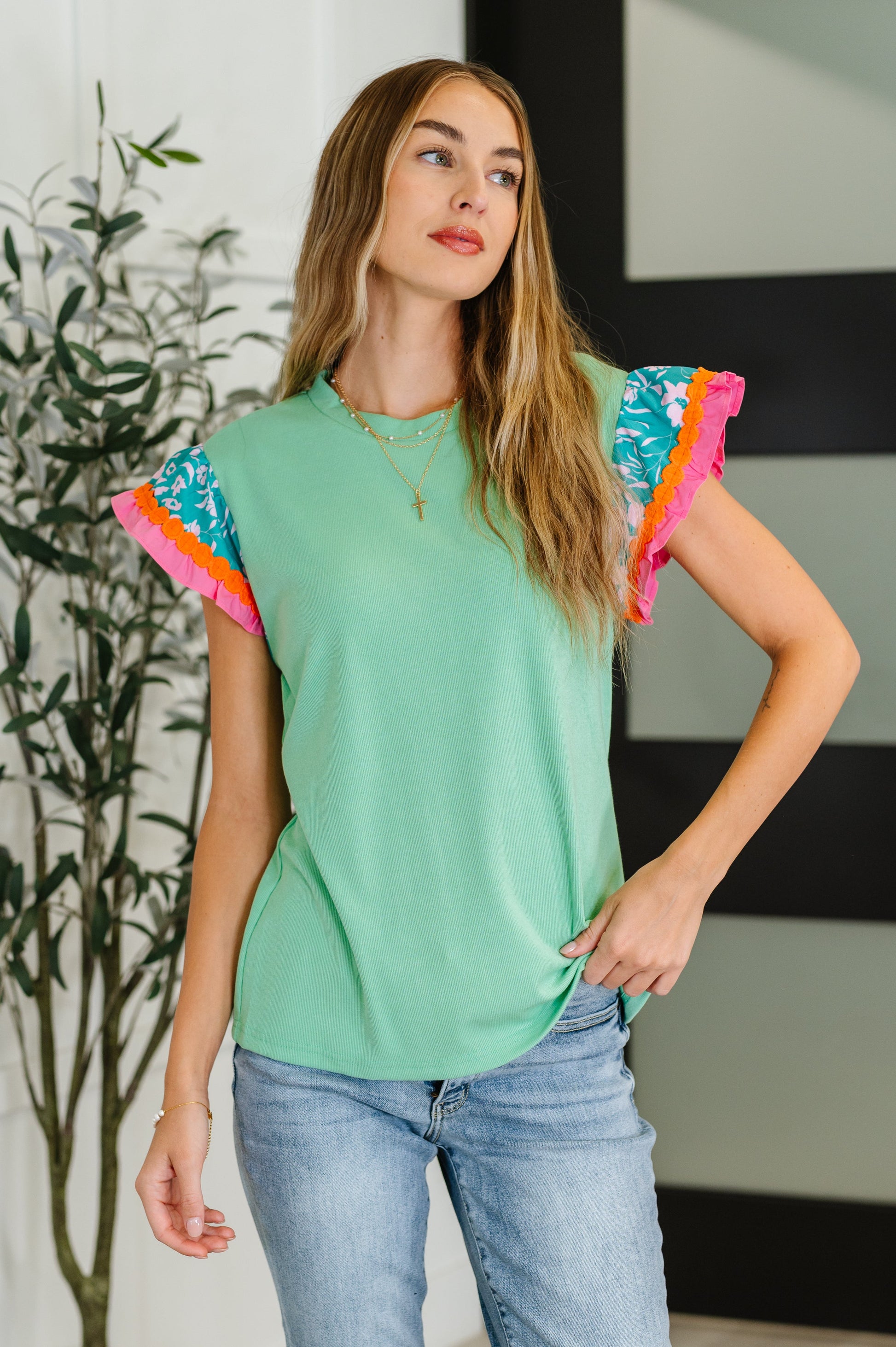 Petals & Poise Floral Flutter Sleeve Top in Green - Southern Divas Boutique