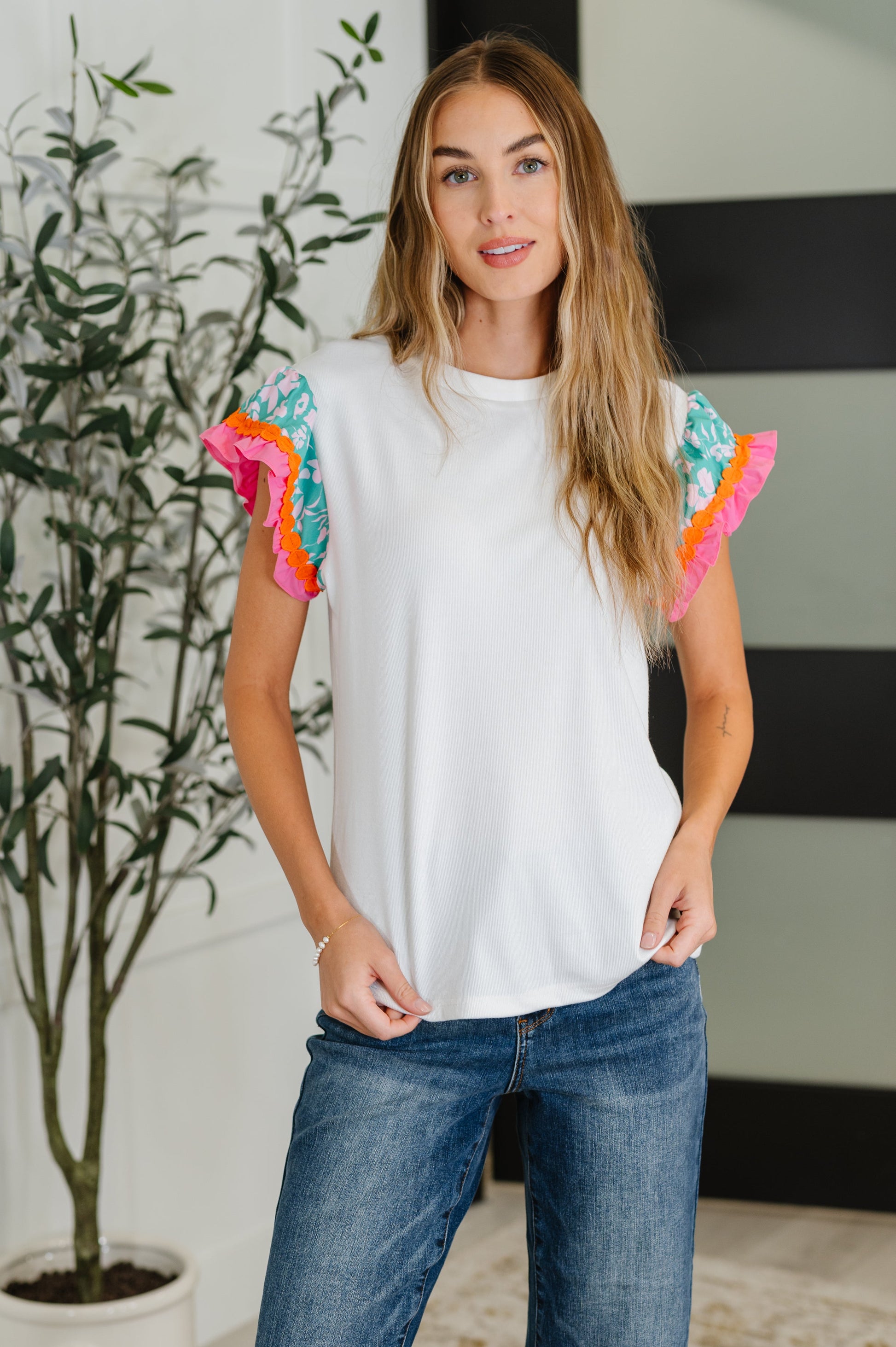 Petals & Poise Floral Flutter Sleeve Top in White - Southern Divas Boutique