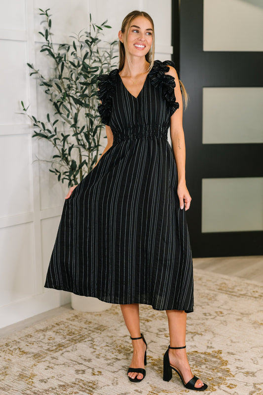 Pinstripe Romance V-Neck Ruffle Sleeve Dress in Black - Southern Divas Boutique
