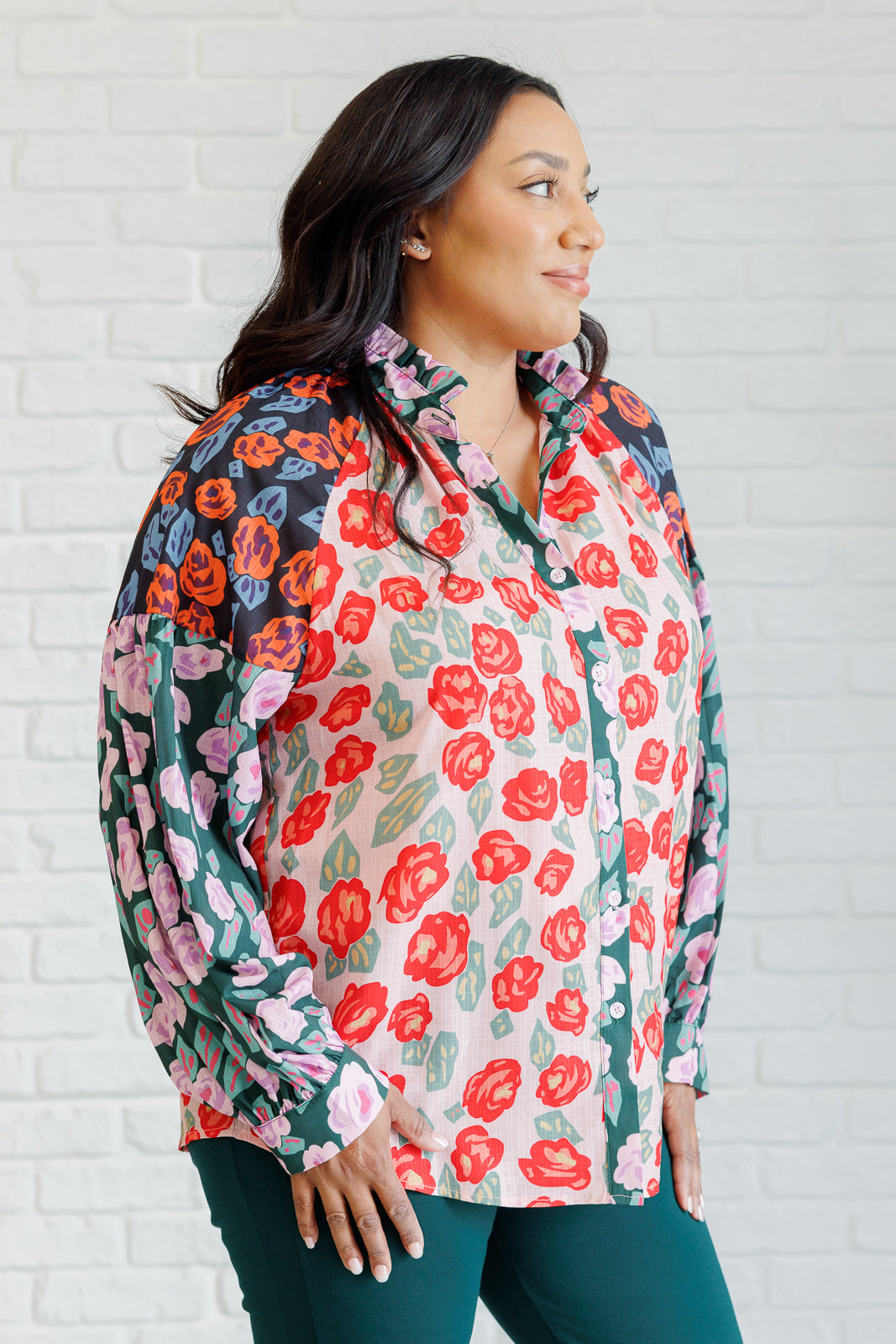 Presupposed Ideas Mixed Print Button Up Blouse - Southern Divas Boutique
