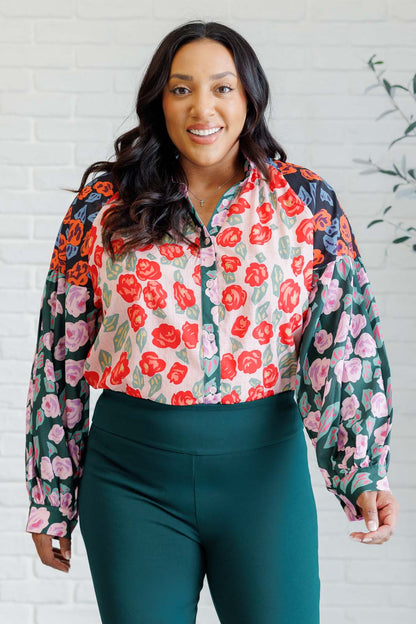 Presupposed Ideas Mixed Print Button Up Blouse - Southern Divas Boutique