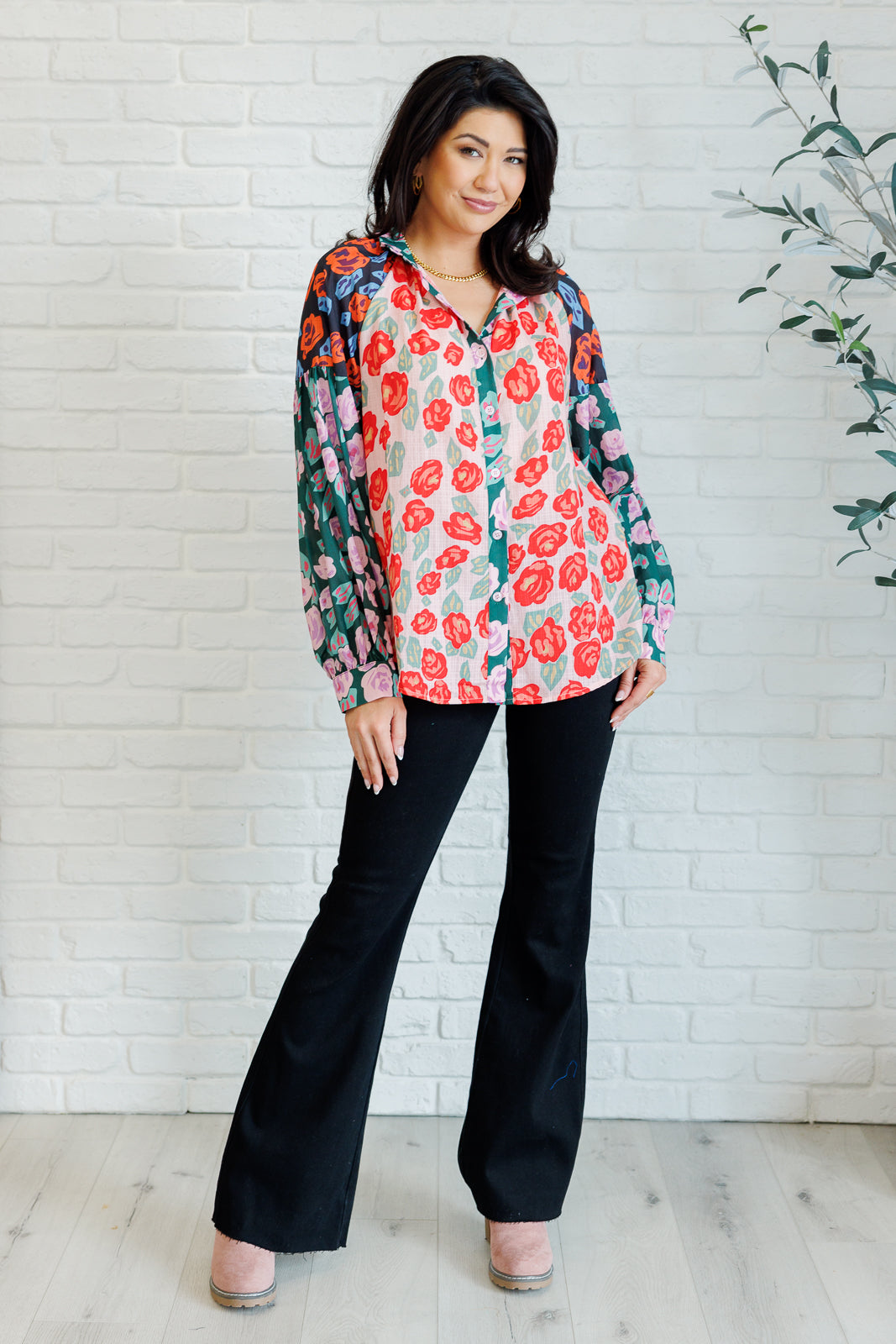Presupposed Ideas Mixed Print Button Up Blouse - Southern Divas Boutique