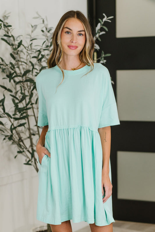 PREORDER: Relaxed Drop Shoulder Dress in Aqua - Southern Divas Boutique
