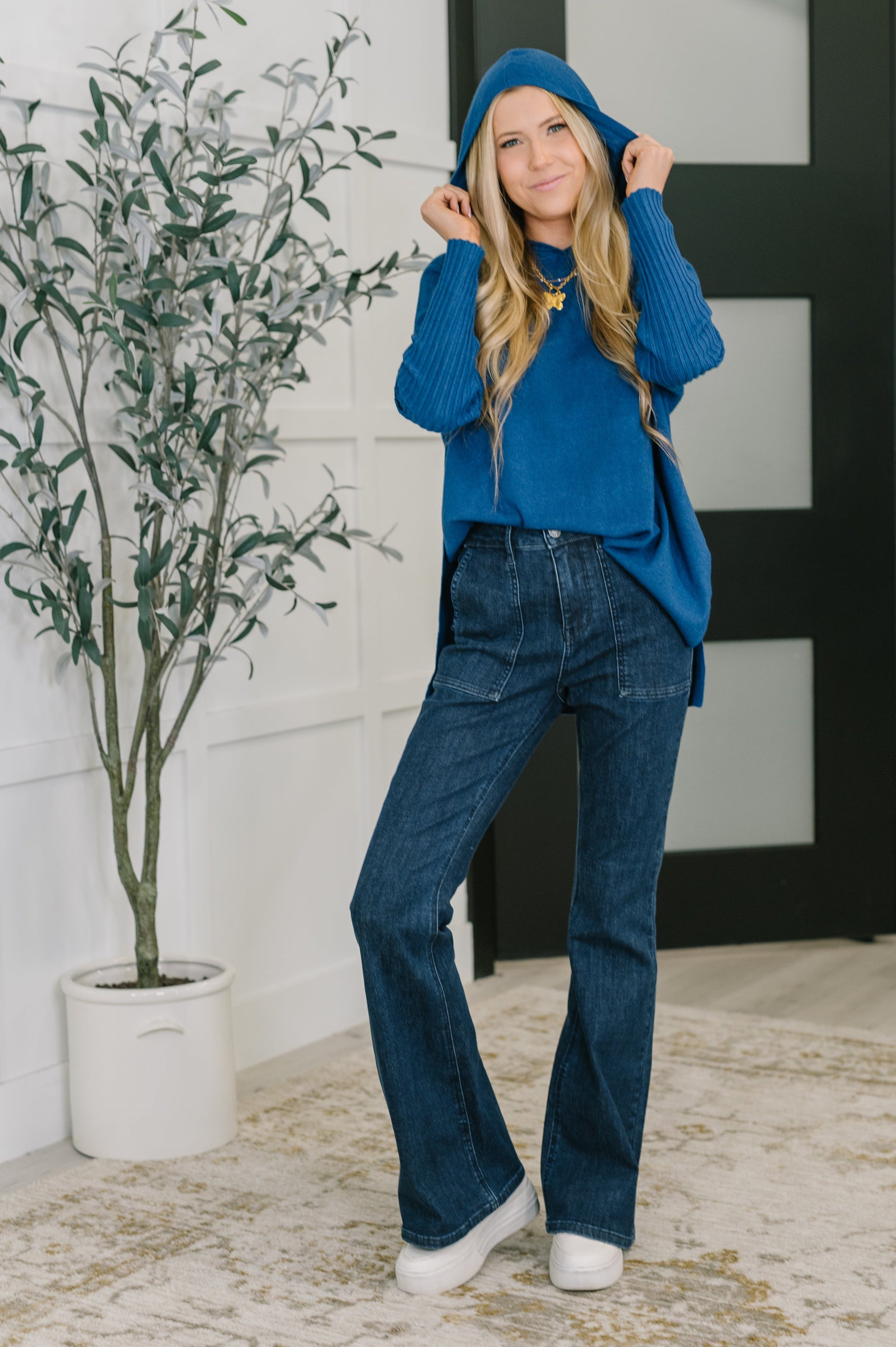 Running Late Hooded Long Sleeve in Light Navy - Southern Divas Boutique