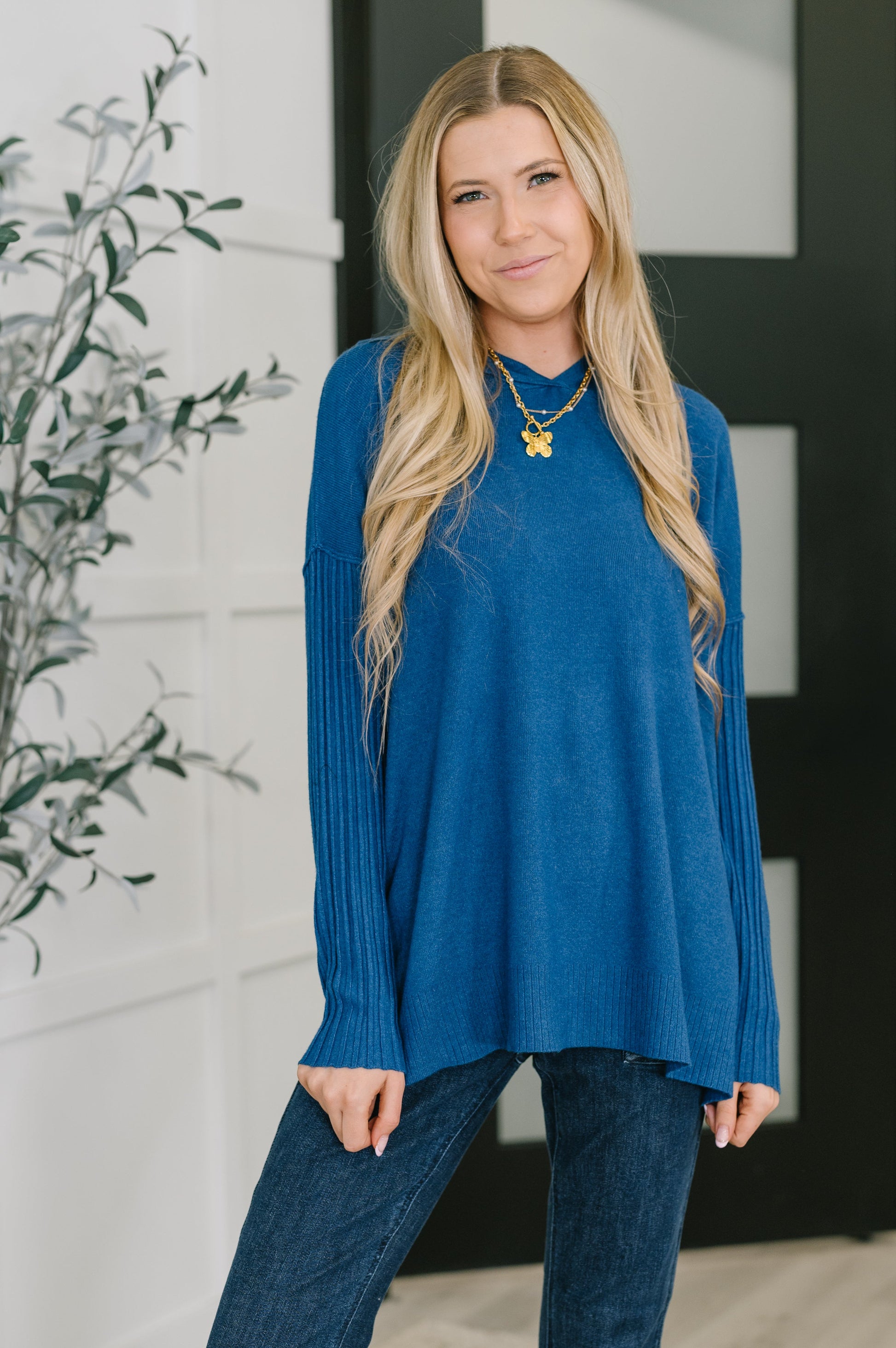 Running Late Hooded Long Sleeve in Light Navy - Southern Divas Boutique