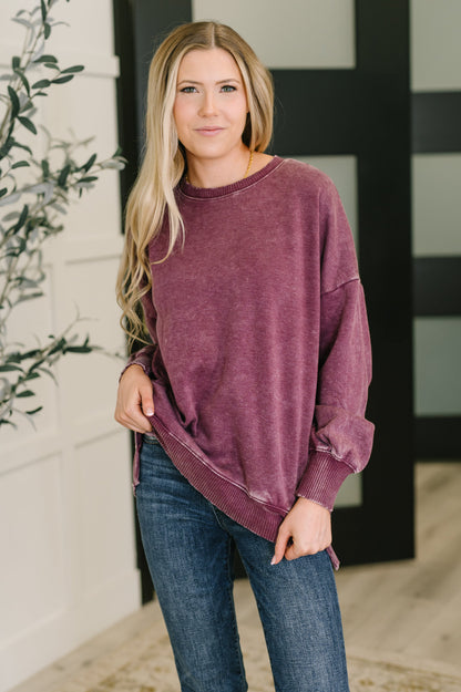 Safe and Secure Mineral Wash Pullover in Eggplant - Southern Divas Boutique