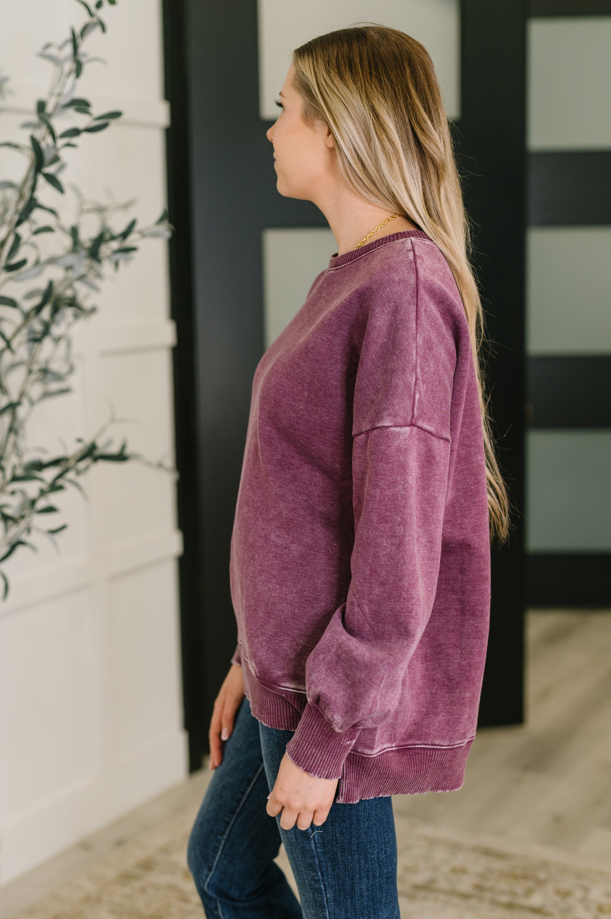 Safe and Secure Mineral Wash Pullover in Eggplant - Southern Divas Boutique