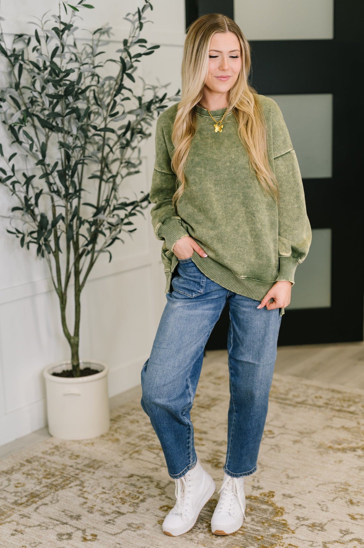 Safe and Secure Mineral Wash Pullover in Light Olive - Southern Divas Boutique