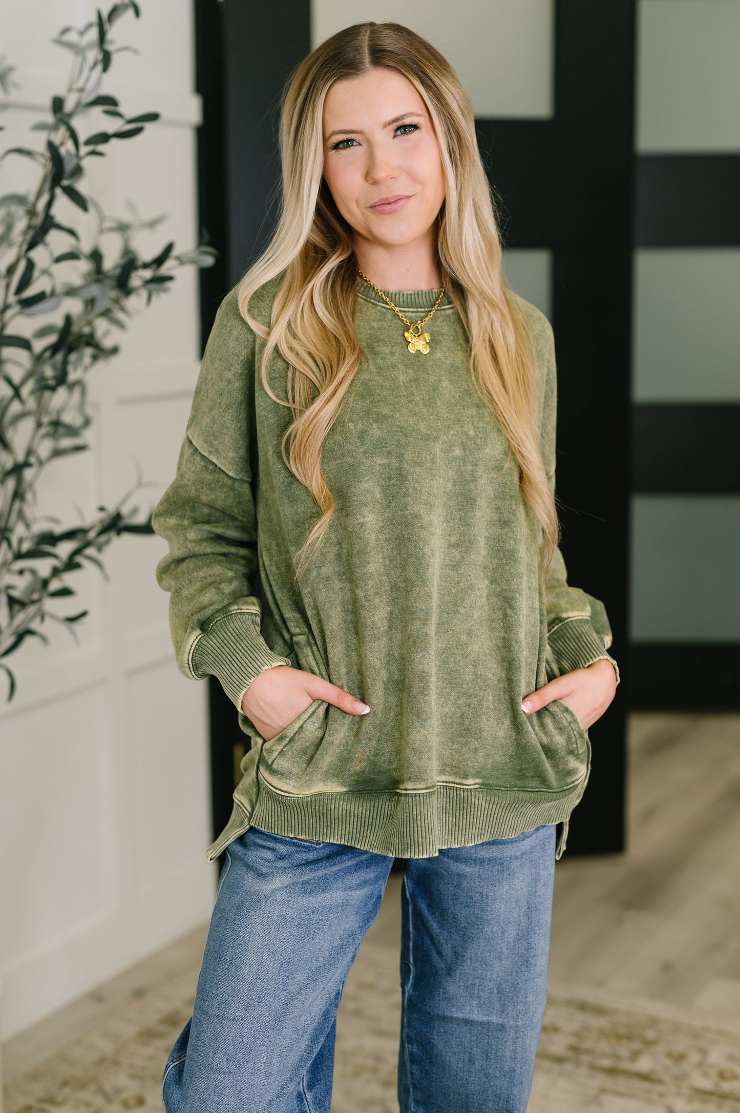 Safe and Secure Mineral Wash Pullover in Light Olive - Southern Divas Boutique