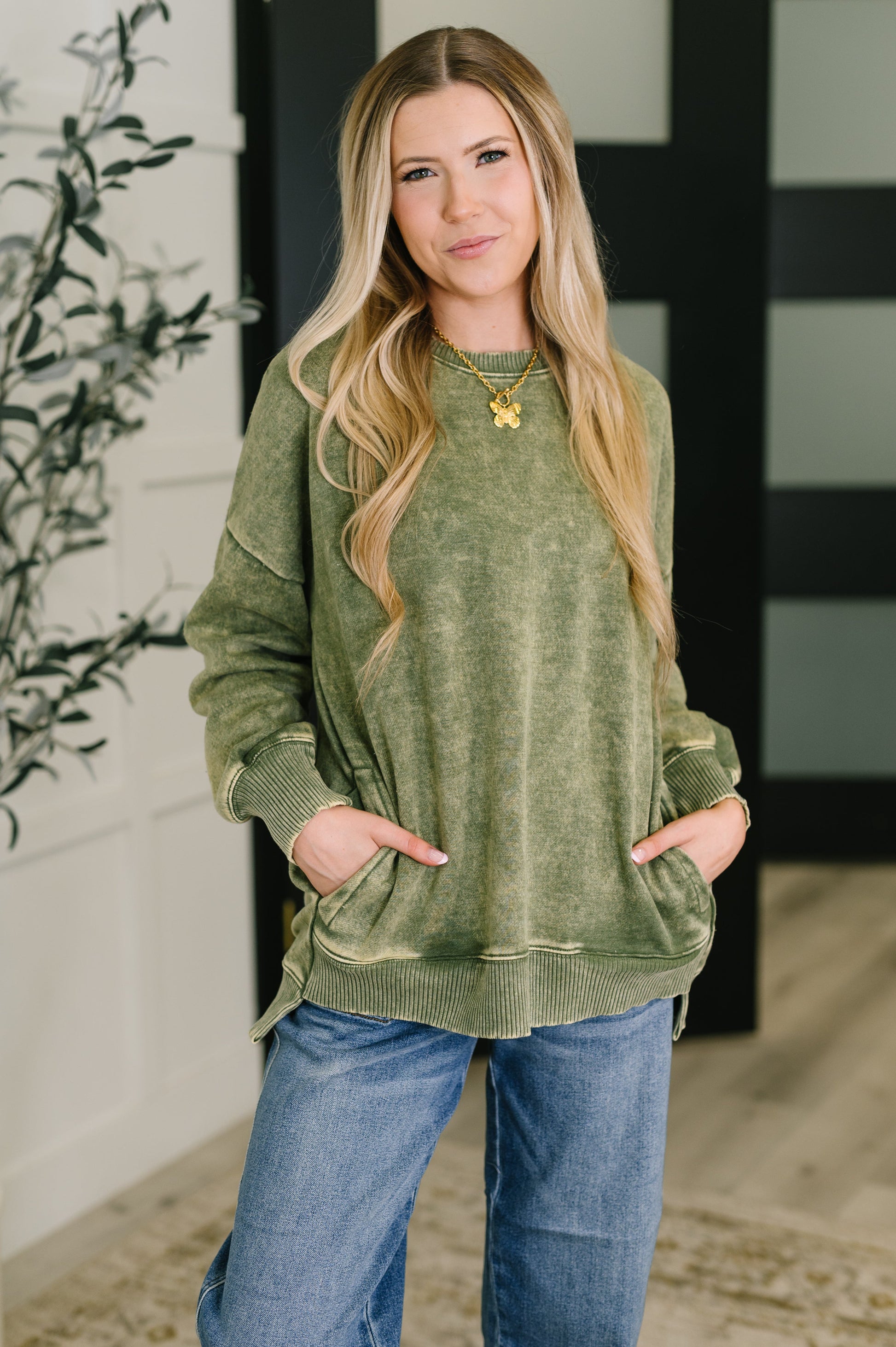 Safe and Secure Mineral Wash Pullover in Light Olive - Southern Divas Boutique