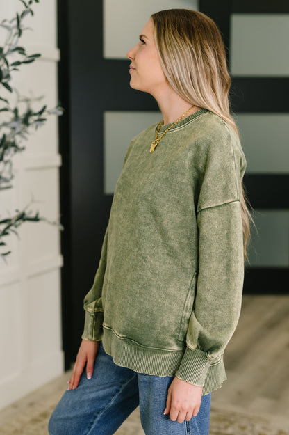 Safe and Secure Mineral Wash Pullover in Light Olive - Southern Divas Boutique