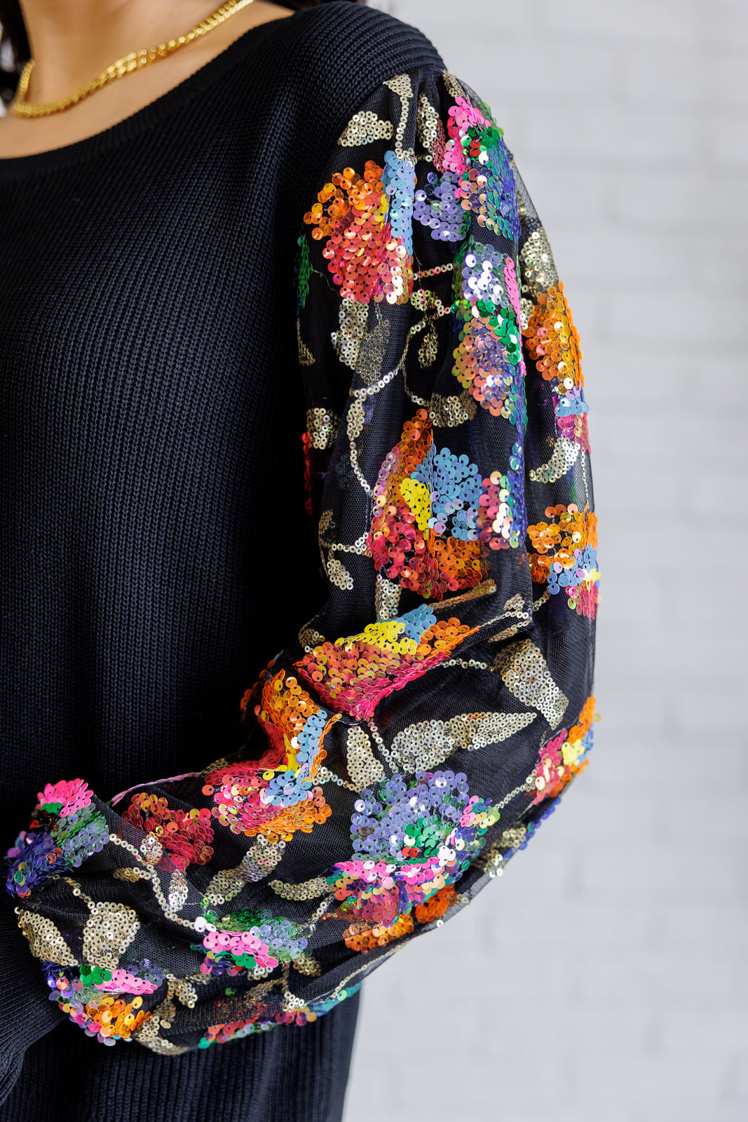 She is the Party Floral Sequins Mesh Sleeve Top - Southern Divas Boutique