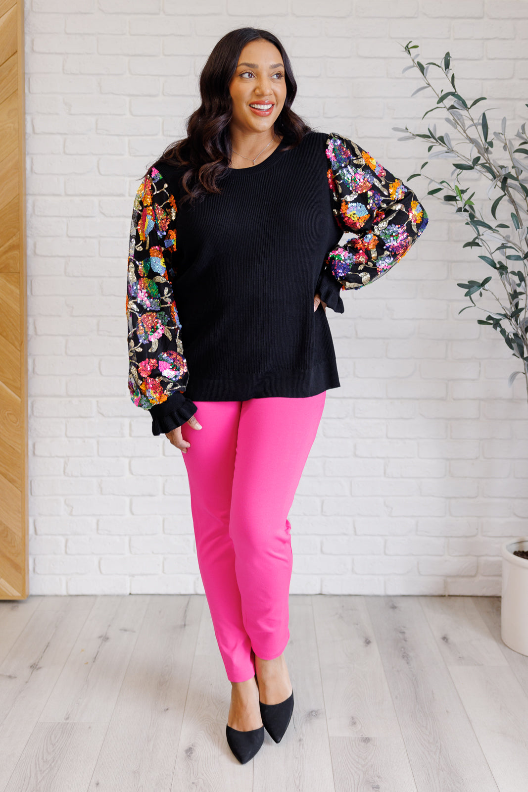 She is the Party Floral Sequins Mesh Sleeve Top - Southern Divas Boutique