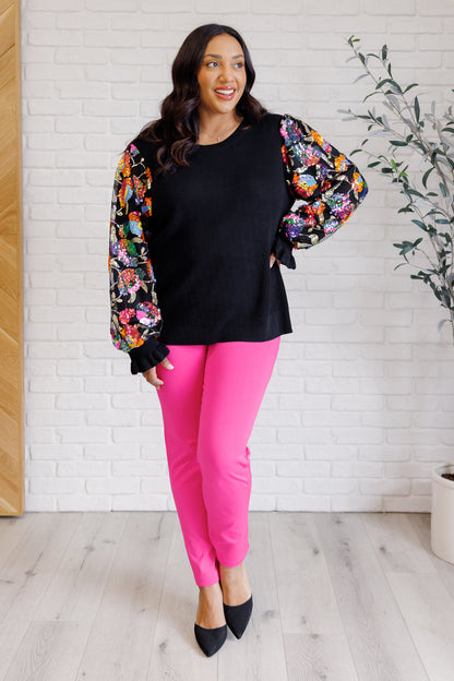 She is the Party Floral Sequins Mesh Sleeve Top - Southern Divas Boutique